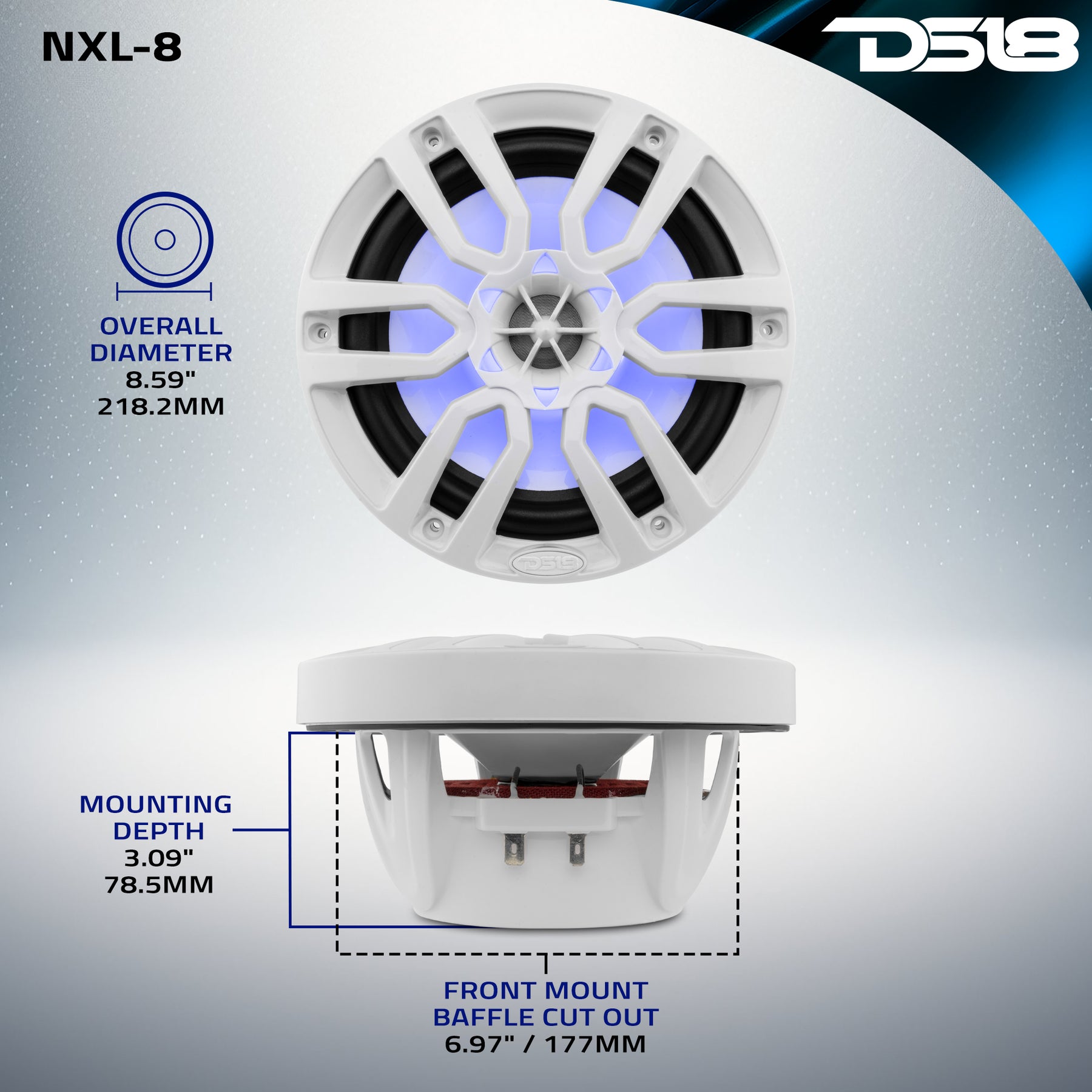 NXL 8" 2-Way Coaxial Marine Speaker With LED RGB Lights 125 Watts Rms 4-Ohm - White