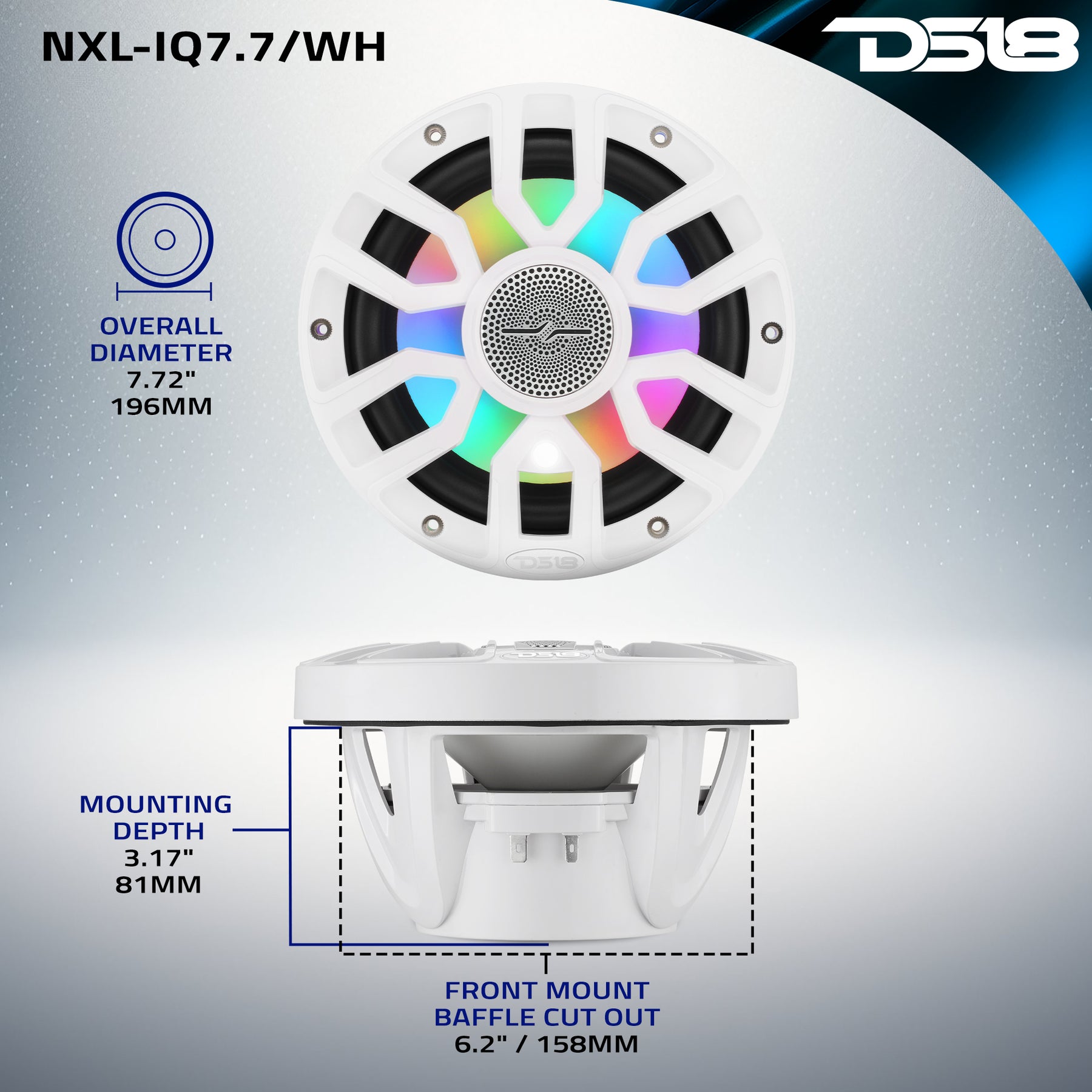 NXL 7.7” 2-Way Coaxial Marine Speaker with Bullet Tweeter, Digital LED Lights & White Deck LED | 175W RMS 4-Ohm