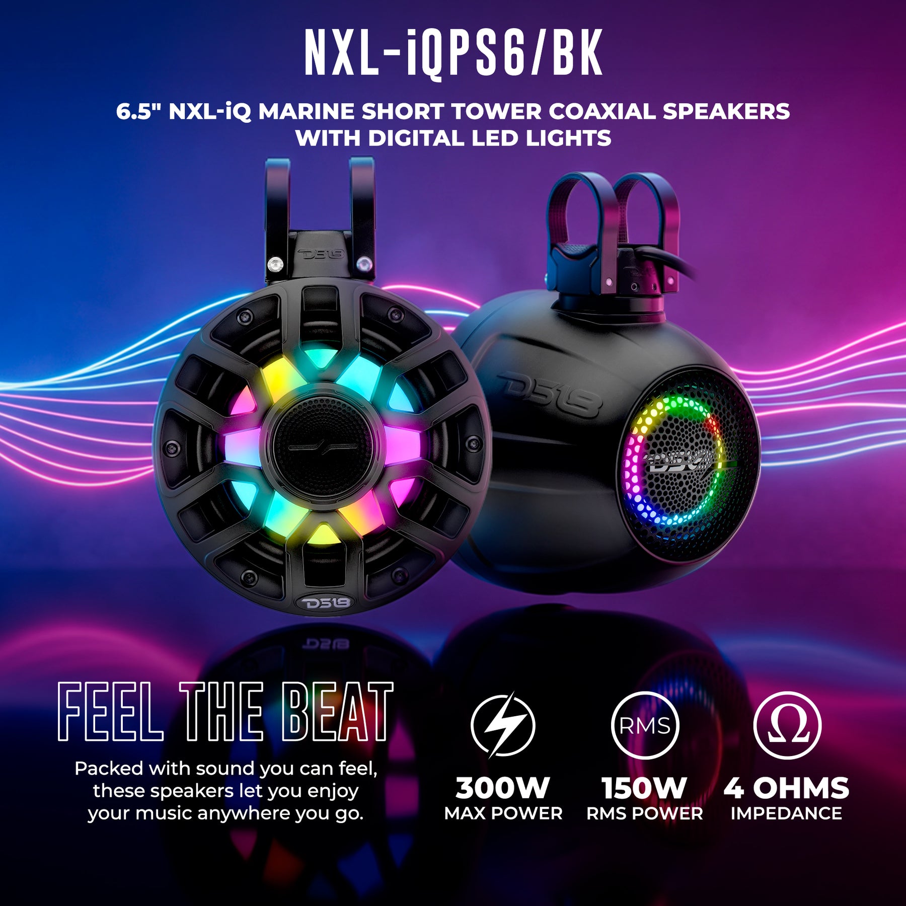 Altavoces coaxiales marinos de torre corta NXL-iQ de 6.5" con luces LED digitales, 150 W RMS, 300 W máx., 4 ohmios