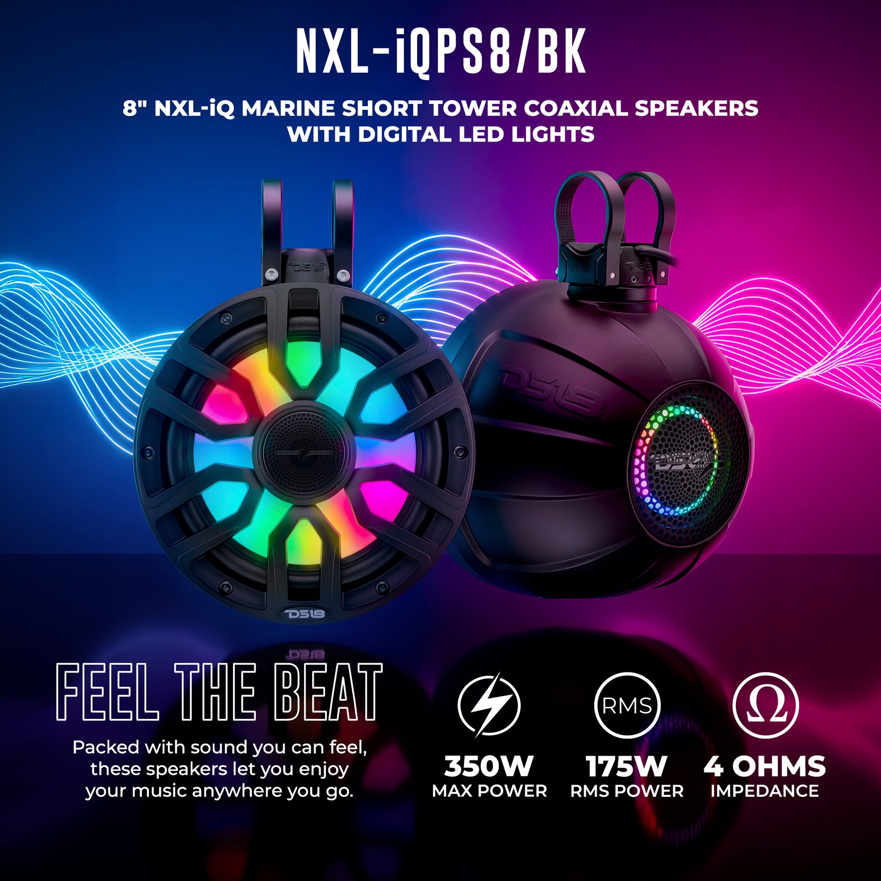 Altavoces coaxiales marinos NXL-iQ de torre corta de 8" con luces LED digitales, 175W RMS, 350W Max, 4 ohmios