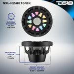 Subwoofer marino de 10" con motor de imán híbrido, rejilla extraíble y luces LED digitales - 500W RMS 4 ohmios