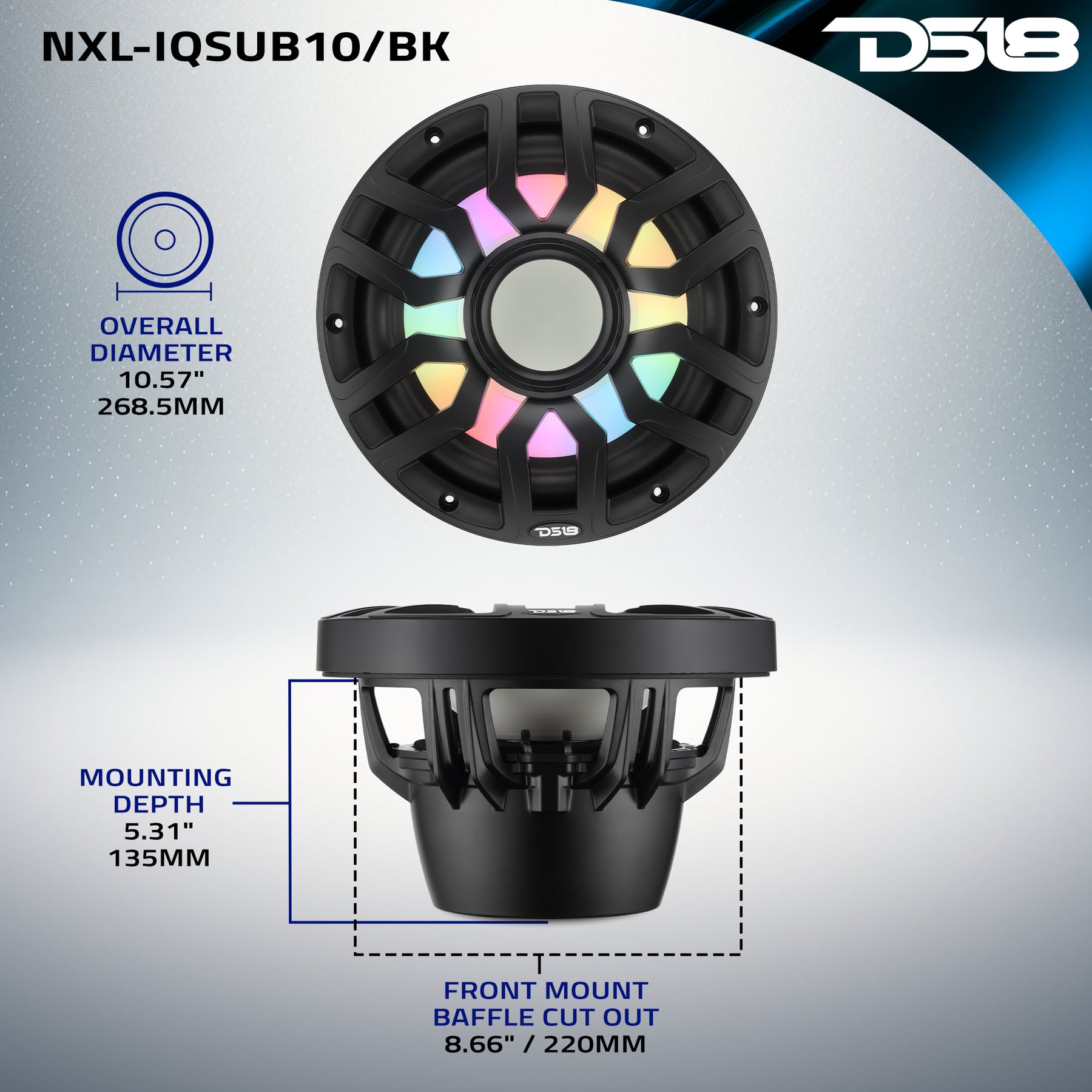 Subwoofer marino de 10" con motor de imán híbrido, rejilla extraíble y luces LED digitales - 500W RMS 4 ohmios