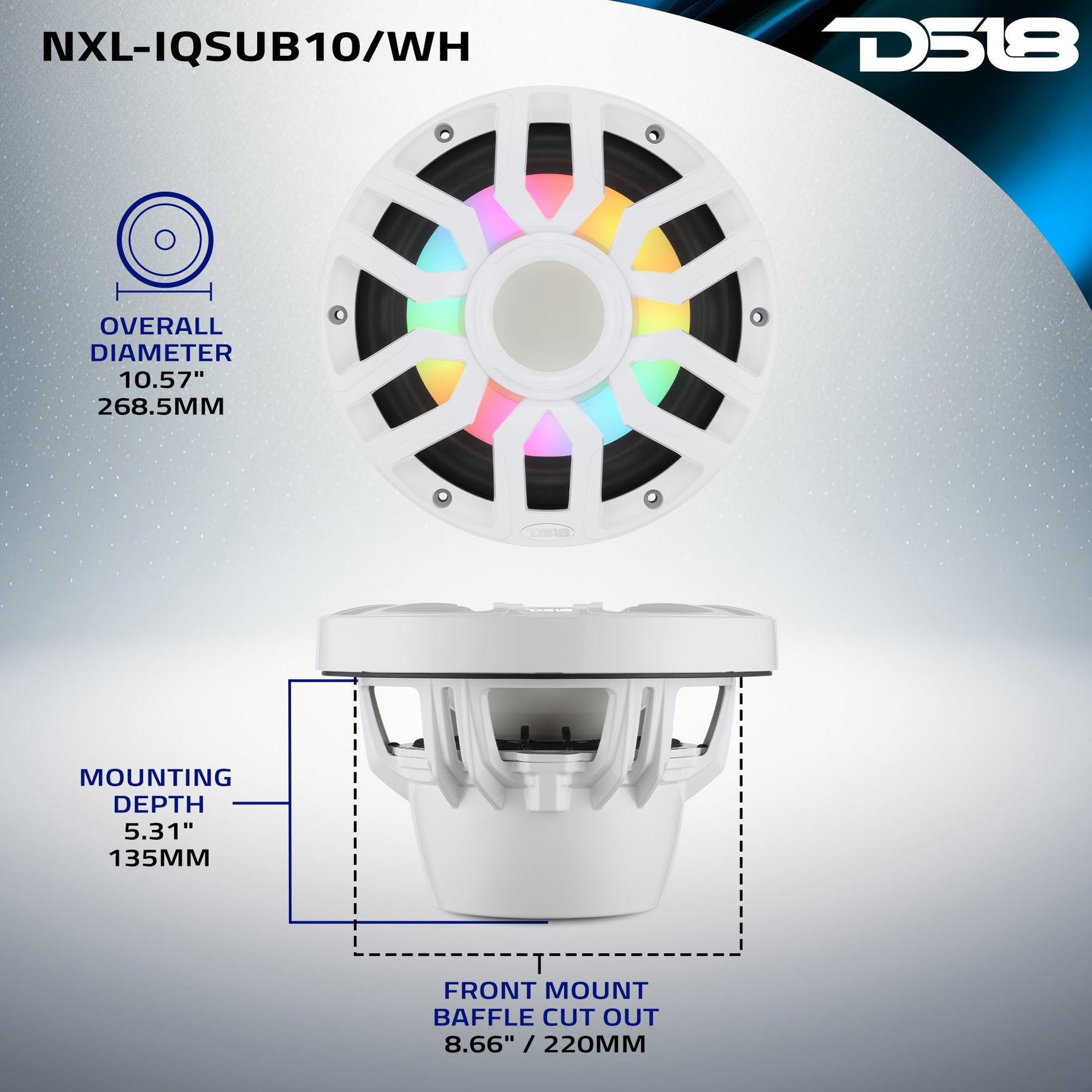 Subwoofer marino de 10" con motor de imán híbrido, rejilla extraíble y luces LED digitales - 500W RMS 4 ohmios