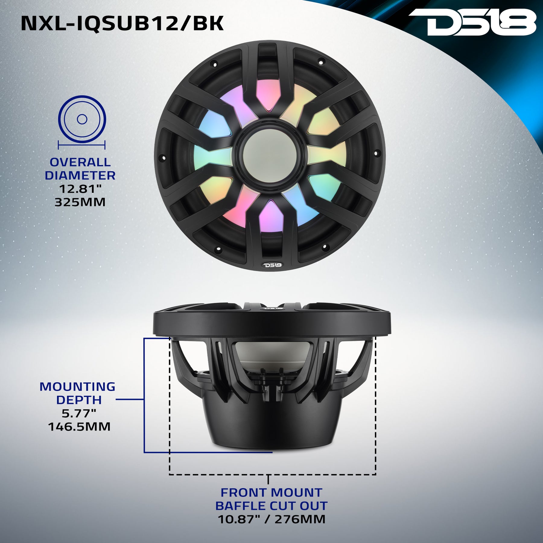 Subwoofer marino de 12" con motor de imán híbrido, rejilla extraíble y luces LED digitales - 600W RMS 4 ohmios