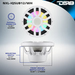 Subwoofer marino de 12" con motor de imán híbrido, rejilla extraíble y luces LED digitales - 600W RMS 4 ohmios