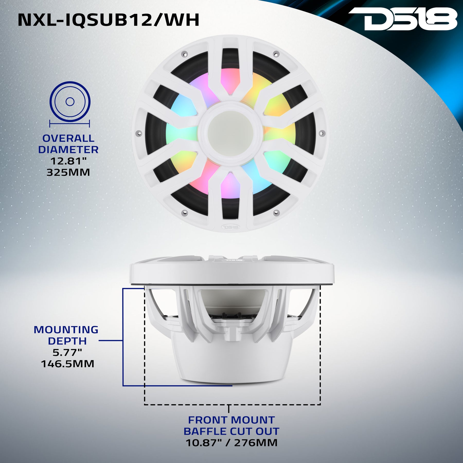 Subwoofer marino de 12" con motor de imán híbrido, rejilla extraíble y luces LED digitales - 600W RMS 4 ohmios