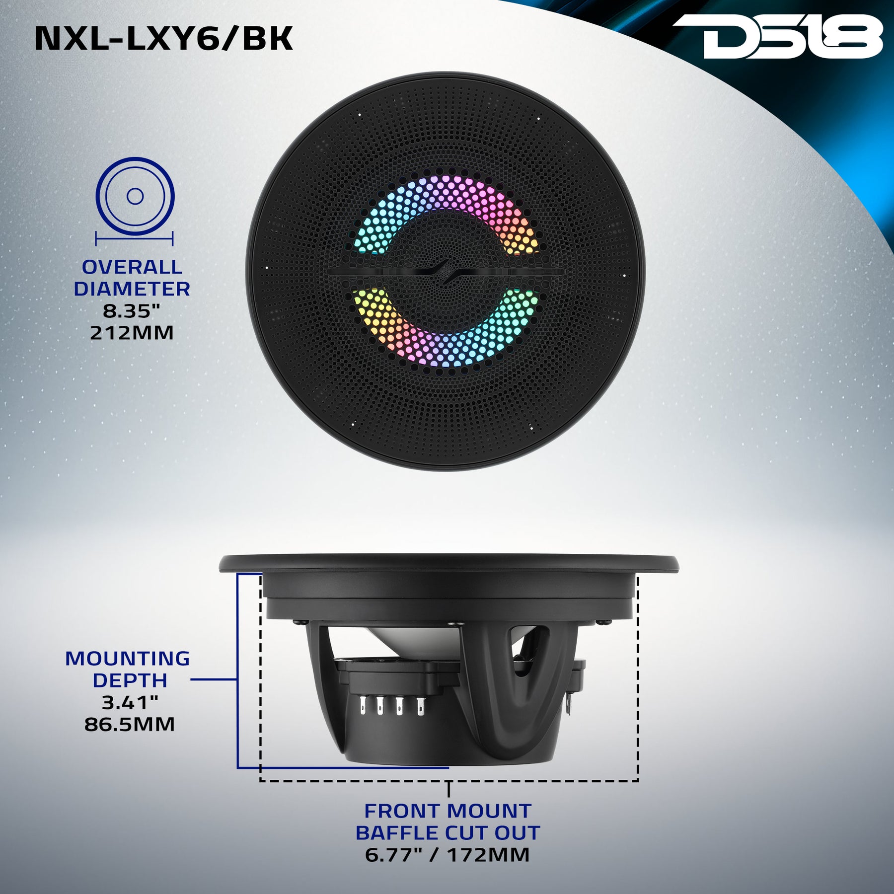 Luxury 6.5” 2-Way Marine Coaxial Speaker with Digital LED Lights and Flush Magnetic Mount Grille | 150W RMS 4-Ohm