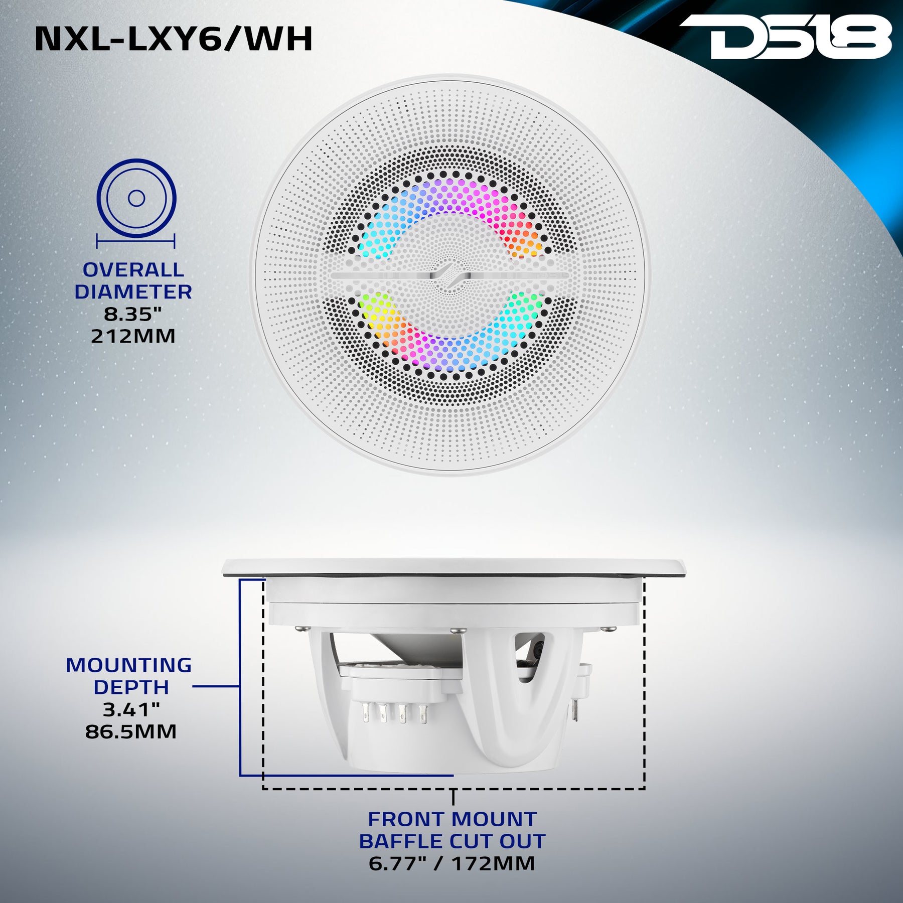 Luxury 6.5” 2-Way Marine Coaxial Speaker with Digital LED Lights and Flush Magnetic Mount Grille | 150W RMS 4-Ohm
