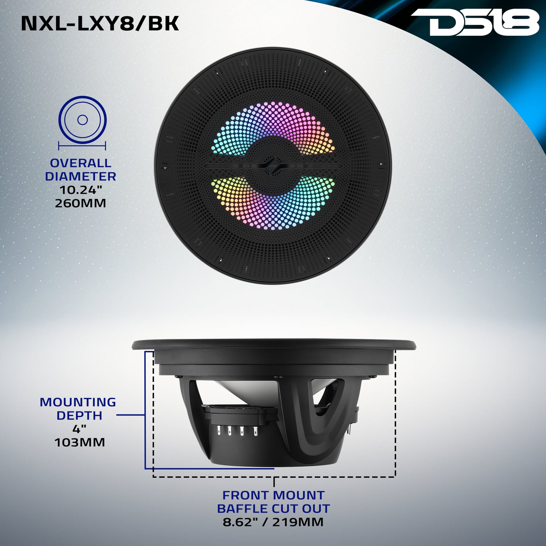 Luxury 8” 2-Way Marine Coaxial Speaker with Digital LED Lights and Flush Magnetic Mount Grille | 175W RMS 4-Ohm