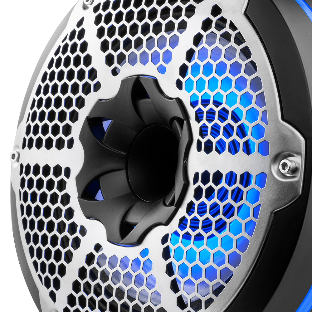Torres NXL de 10" de neodimio para embarcaciones y vehículos recreativos con radiador pasivo integrado, controlador de 1" y luces LED RGB de 300 vatios RMS - Negras