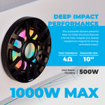 10” Marine Subwoofer with Hybrid Magnet Motor, Removable Grille and Digital LED Lights - 500W RMS 4-Ohm