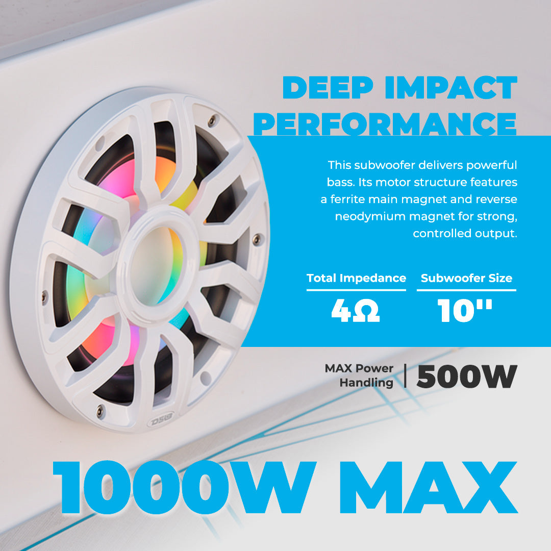 10” Marine Subwoofer with Hybrid Magnet Motor, Removable Grille and Digital LED Lights - 500W RMS 4-Ohm