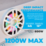 12” Marine Subwoofer with Hybrid Magnet Motor, Removable Grille and Digital LED Lights - 600W RMS 4-Ohm