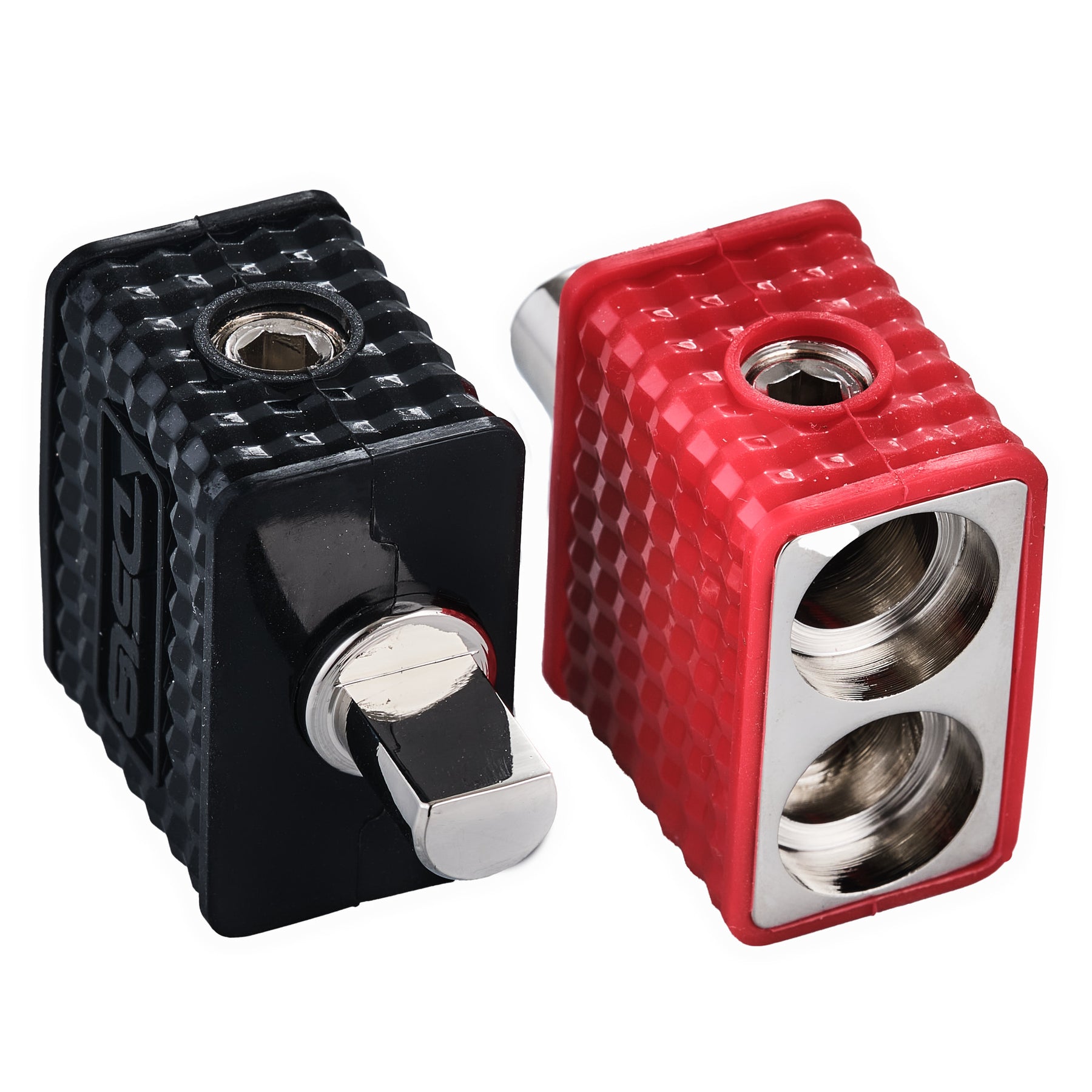 Dual 1/0-GA to 1/0-GA Amp Input Reducers with Offset Stub and Silicone Cover