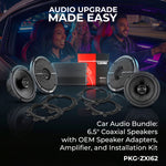 Car Audio Bundle: 6.5" Coaxial Speakers with OEM Speaker Adapters, Amplifier, and Installation Kit