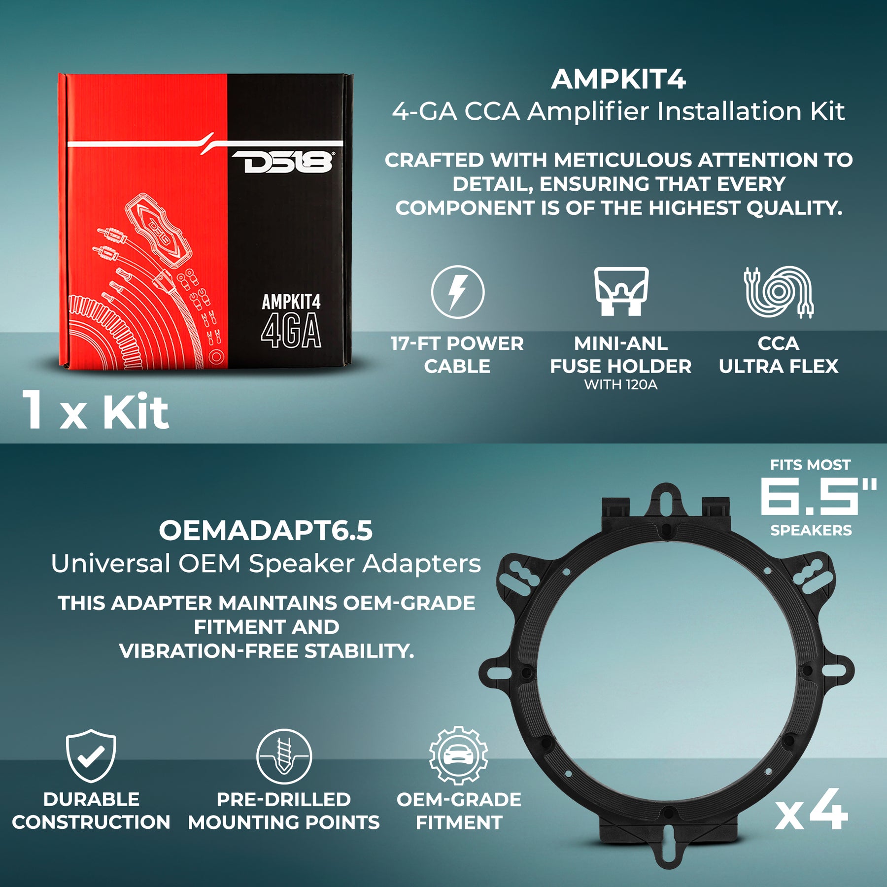 Car Audio Bundle: 6.5" Coaxial Speakers with OEM Speaker Adapters, Amplifier, and Installation Kit