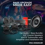 Car Audio + Bass Bundle: 6.5" Coaxial Speakers and 12" Subwoofer with Amplifier and Installation Kit