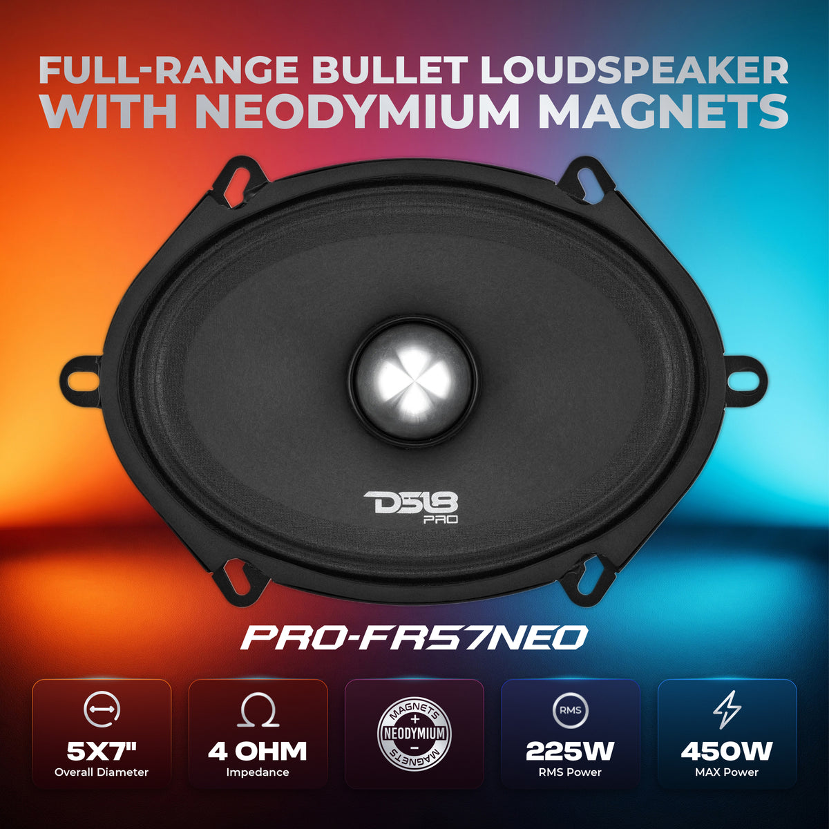 PRO 5x7" Neodymium Full-Range Bullet Loudspeaker 225 Watts Rms 4-Ohm