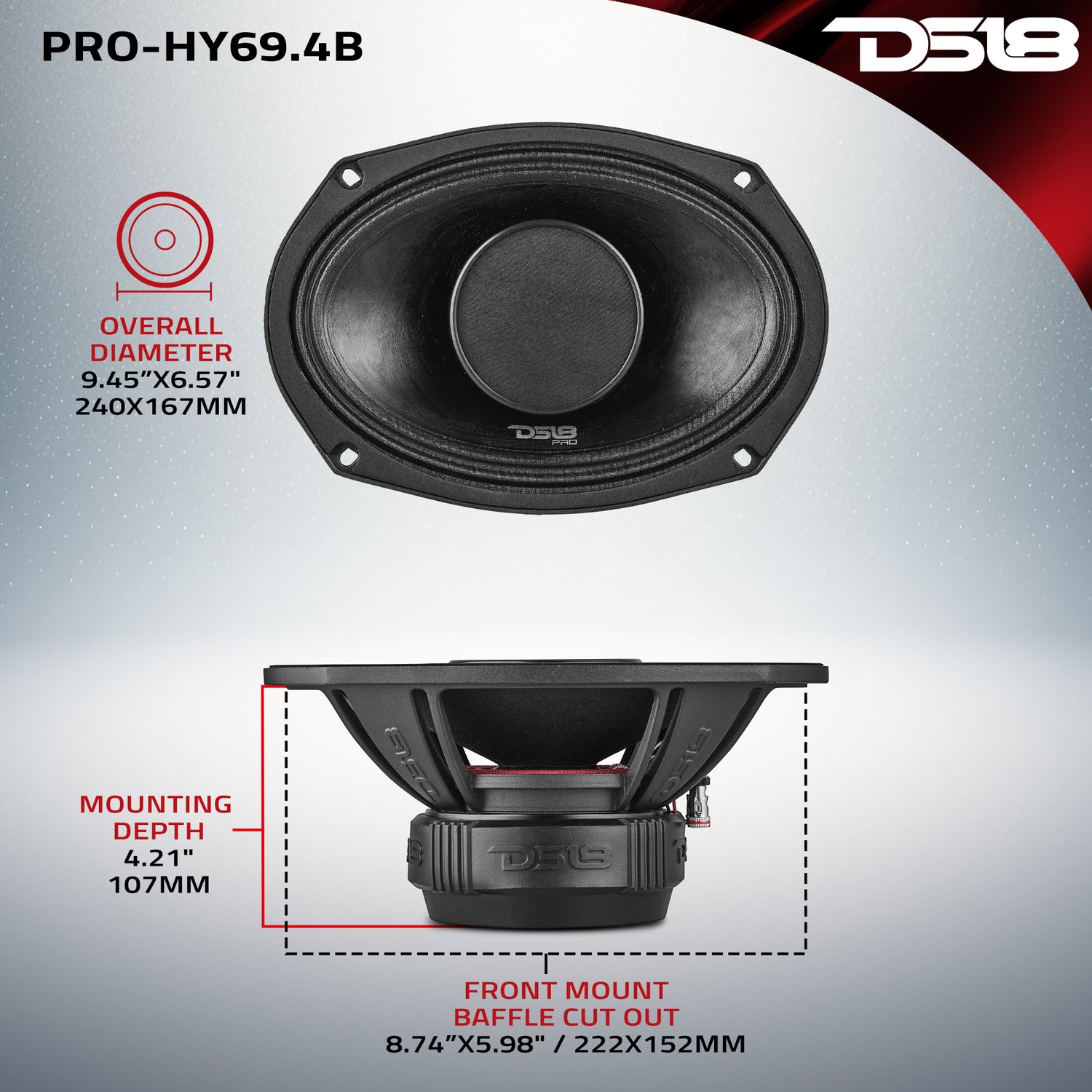 DS18 PRO 6x9 Hybrid Mid-Range Loudspeaker – 250W RMS, 4-Ohm With Built-in Driver