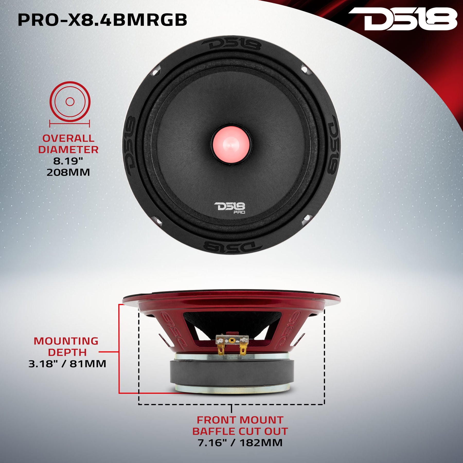 PRO-X 8" Mid-Range Loudspeaker with RGB Light Bullet 275 Watts Rms 4-Ohm