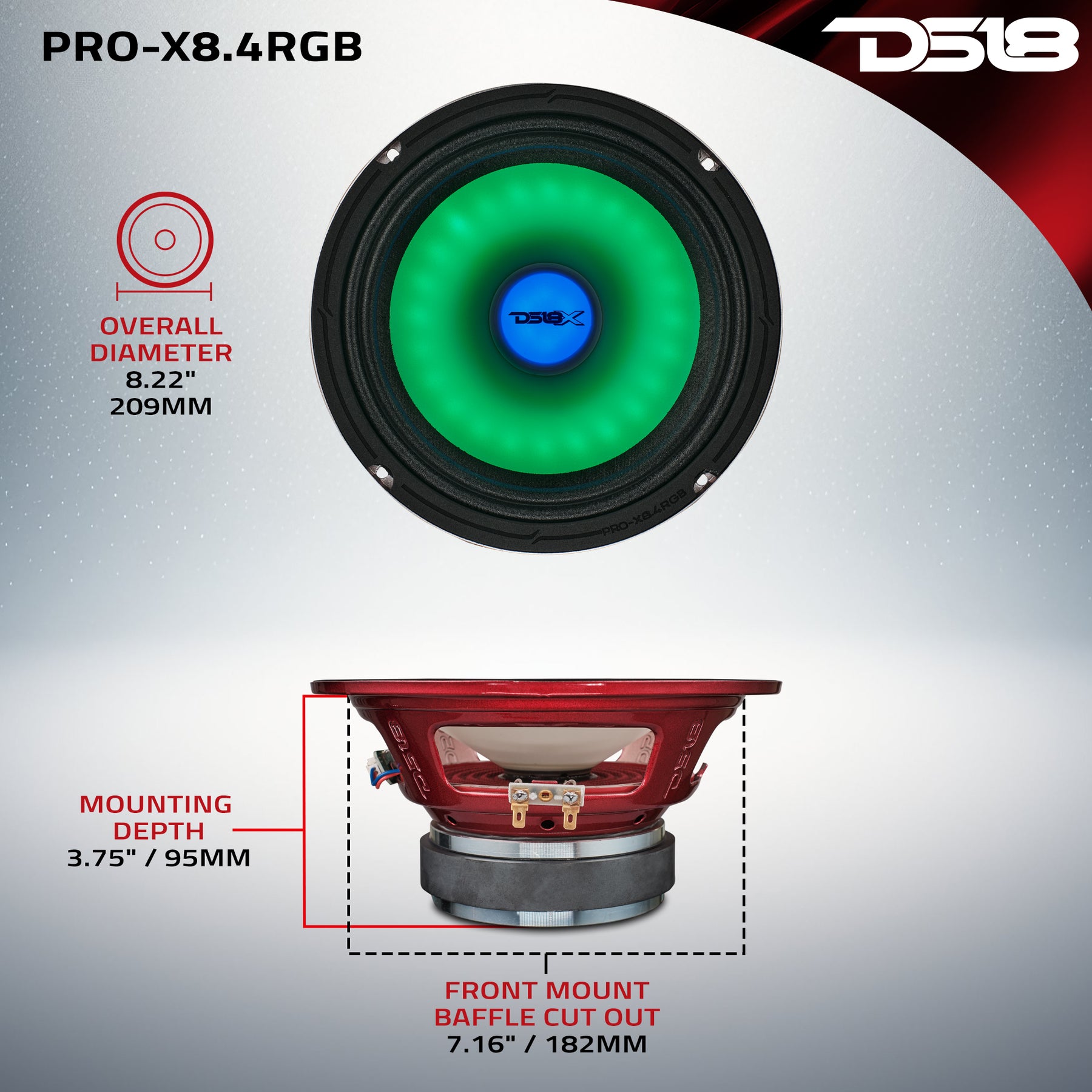 8" Mid-Range Loudspeaker with Dual RGB LED For Cone & Dustcap 275 Watts 4-Ohm