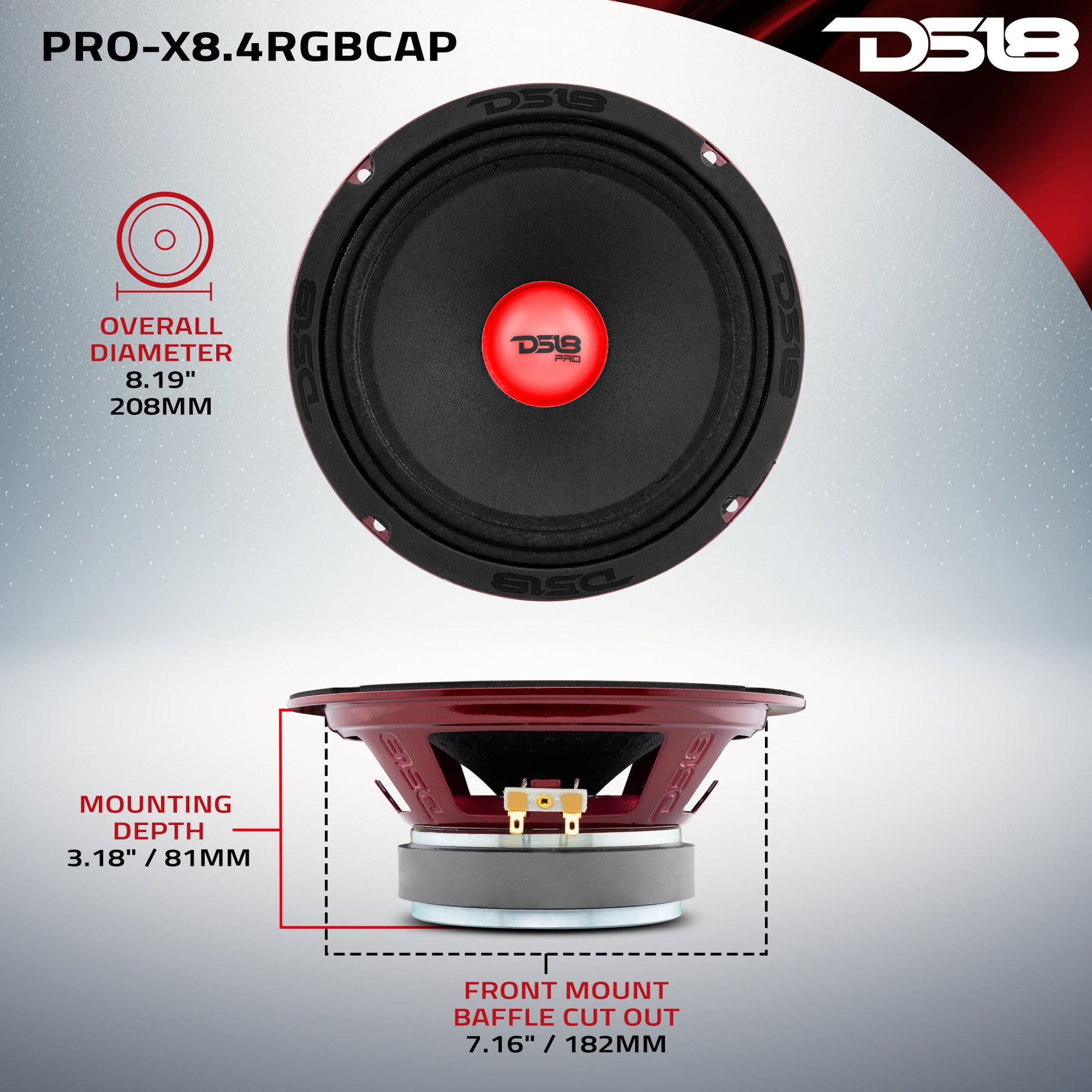 PRO-X 8" Mid-Range Loudspeaker with RGB Light Dust Cap 275 Watts Rms 4-Ohm