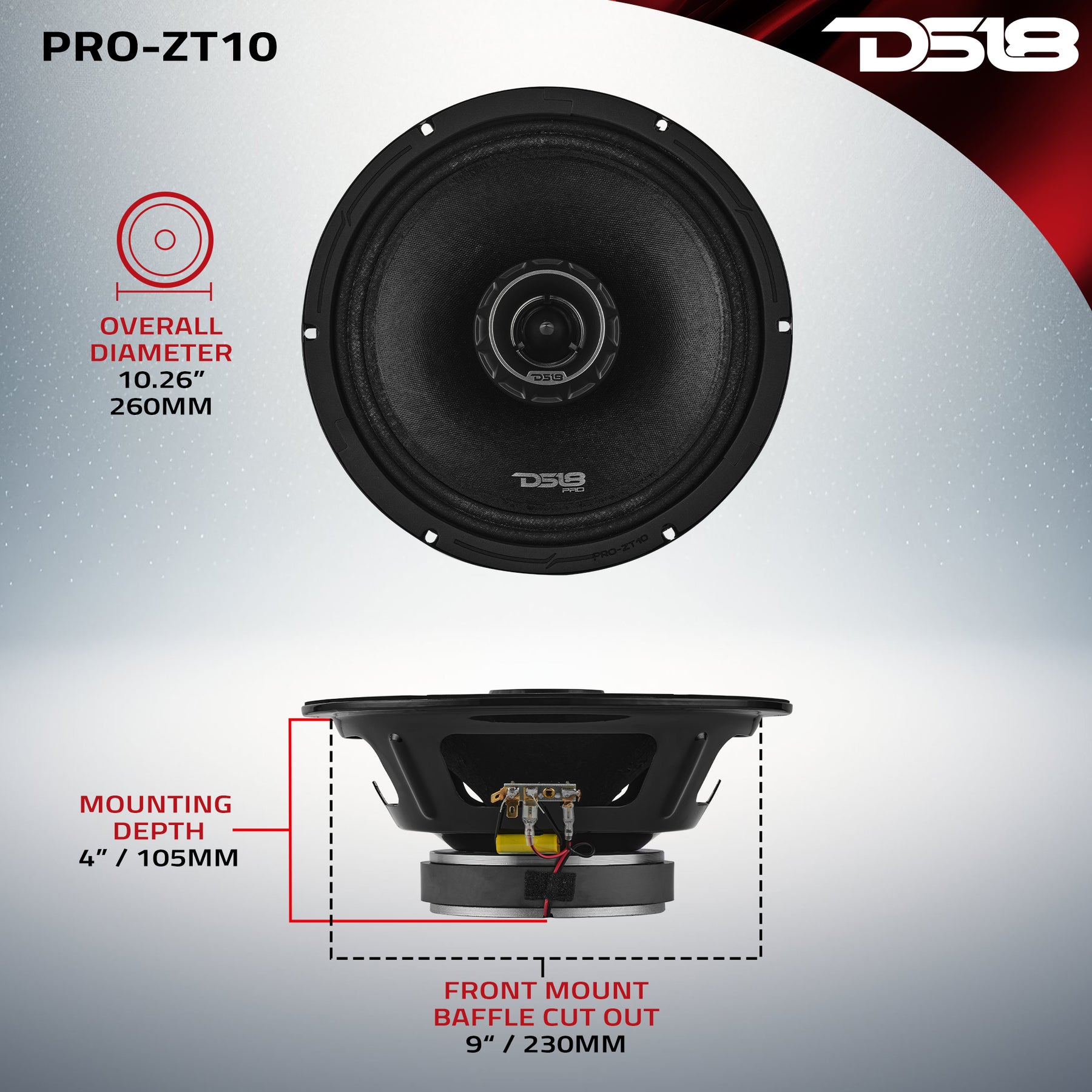 PRO-ZT 10" Coaxial Mid-Range Loudspeaker with Water Resistant Cone Built-in Bullet Tweeter | 300W RMS  4-Ohm