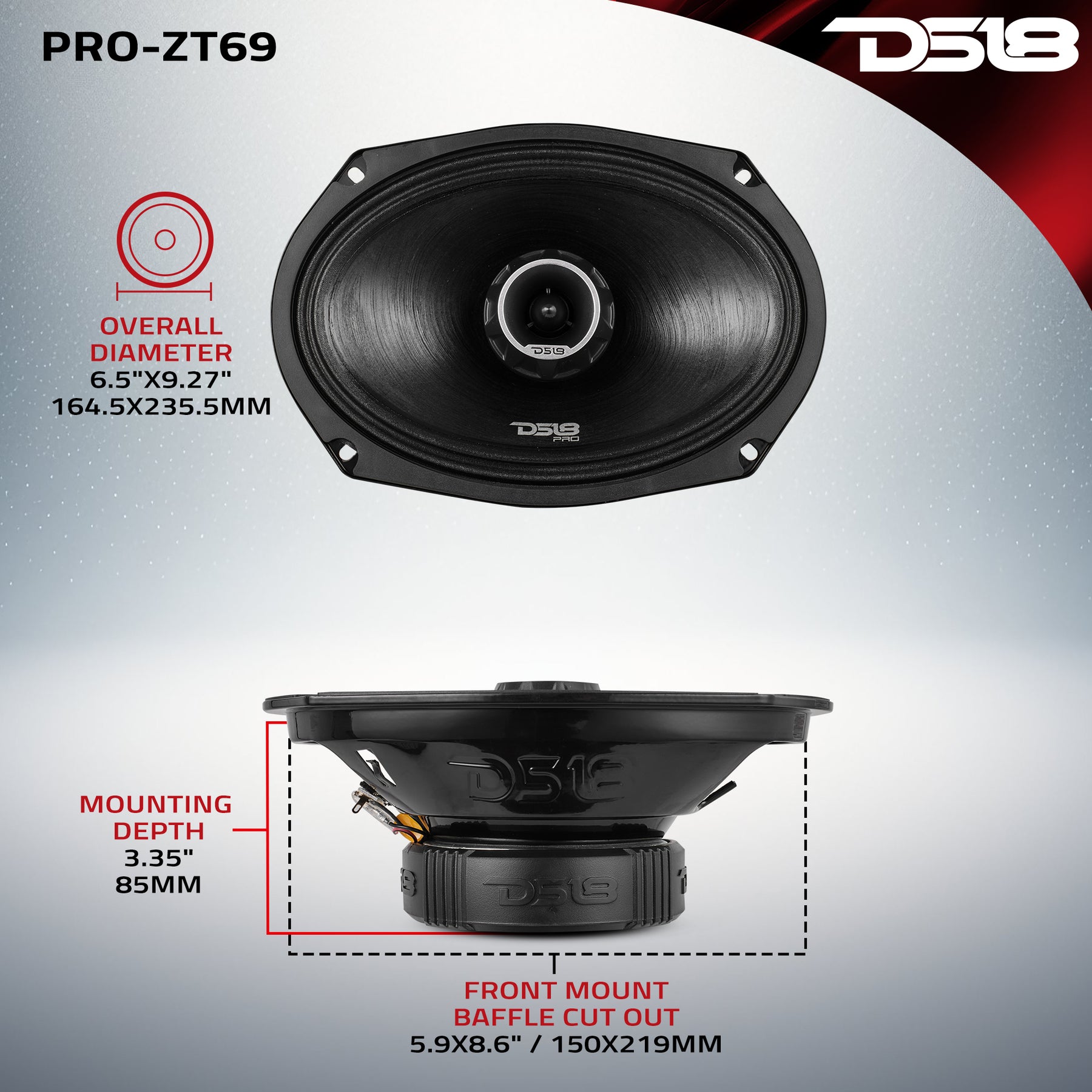 DS18 PRO-ZT 6x9 2-Way Mid-Range Loudspeaker with Built-in Bullet