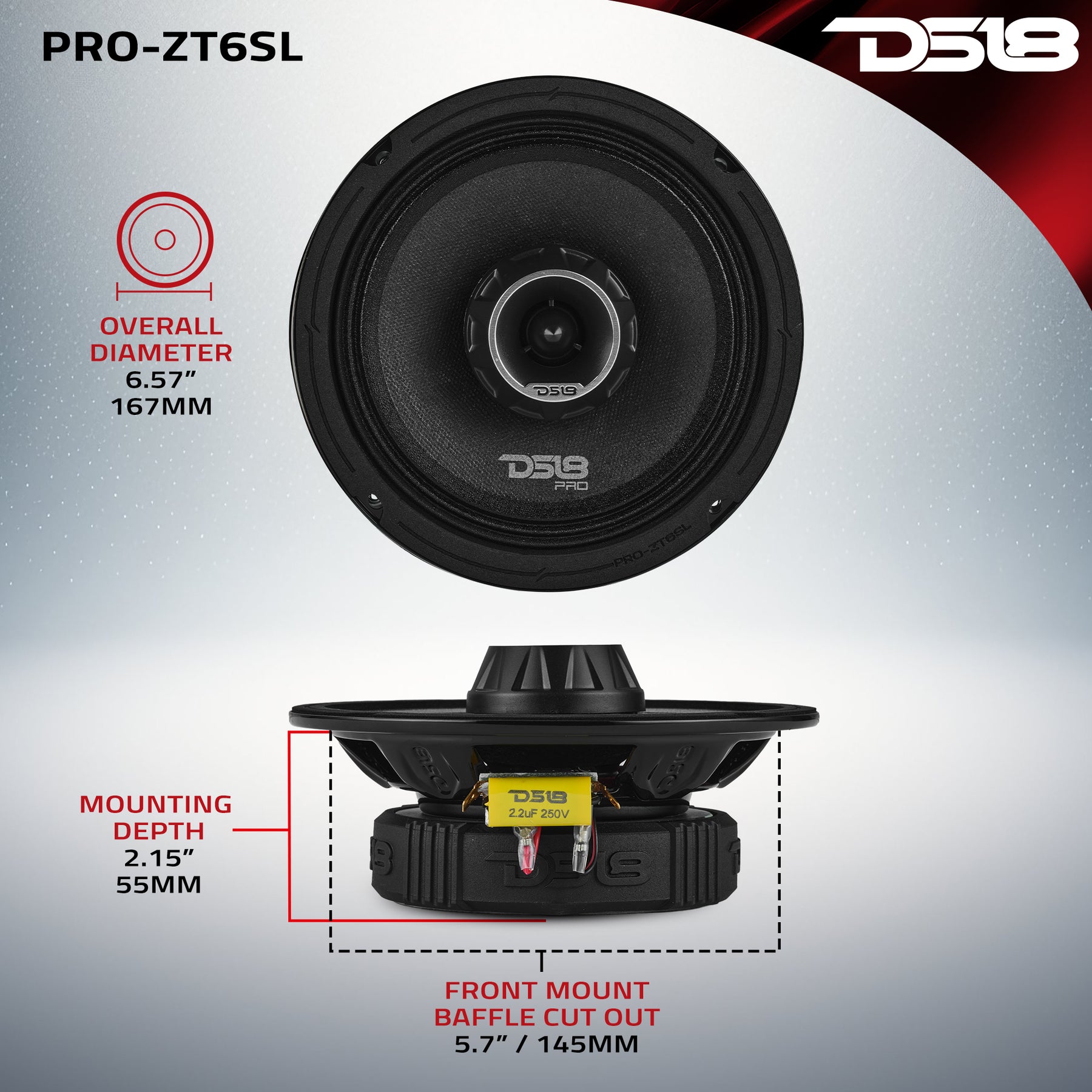 PRO-ZT 6.5” Slim Coaxial Mid-Range Loudspeaker with Water-Resistant Cone Built-in Bullet Tweeter | 200W RMS 4-Ohm