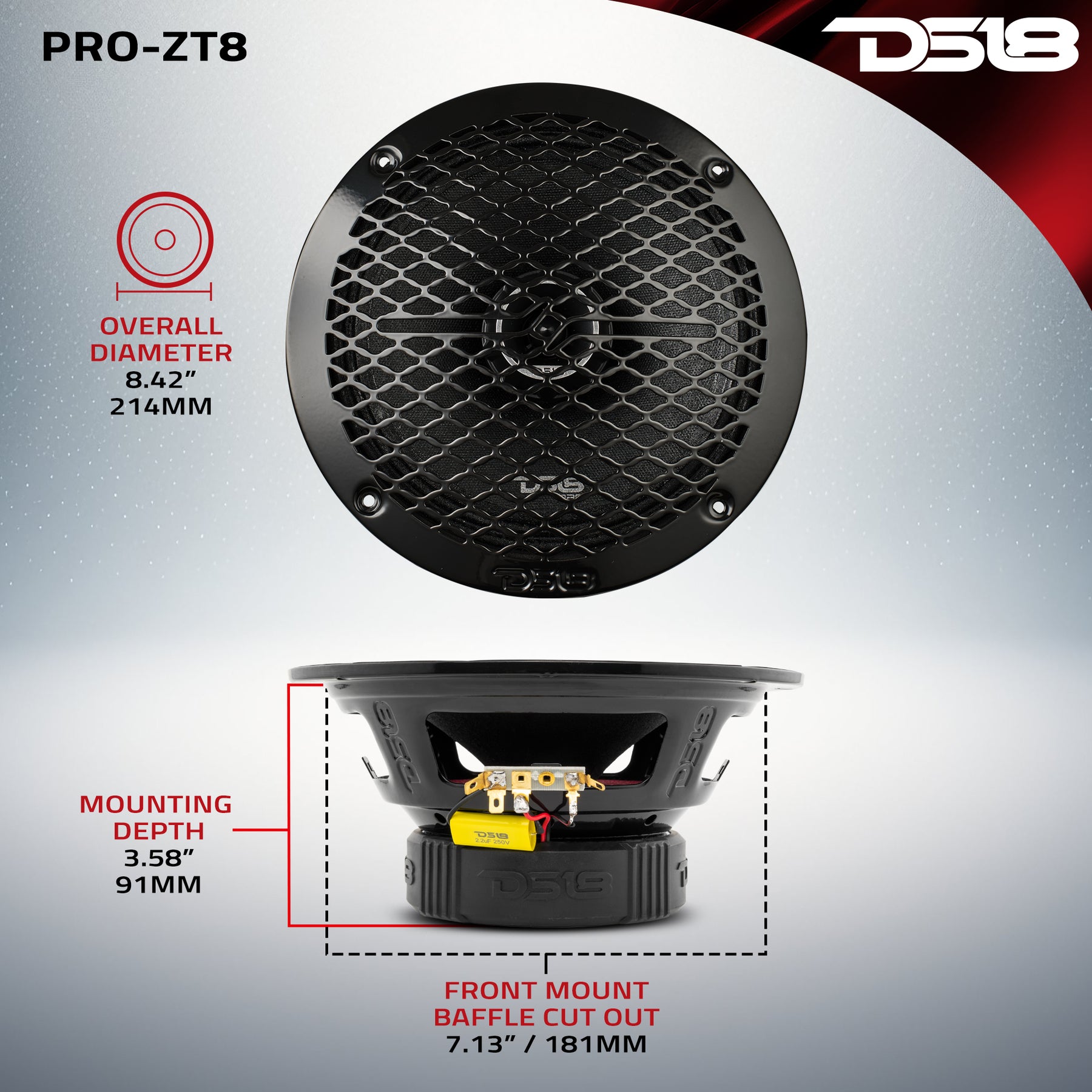 PRO-ZT 8" Coaxial Mid-Range Loudspeaker with Water Resistant Cone Built-in Bullet Tweeter and Grill 275 Watts Rms 4-Ohm