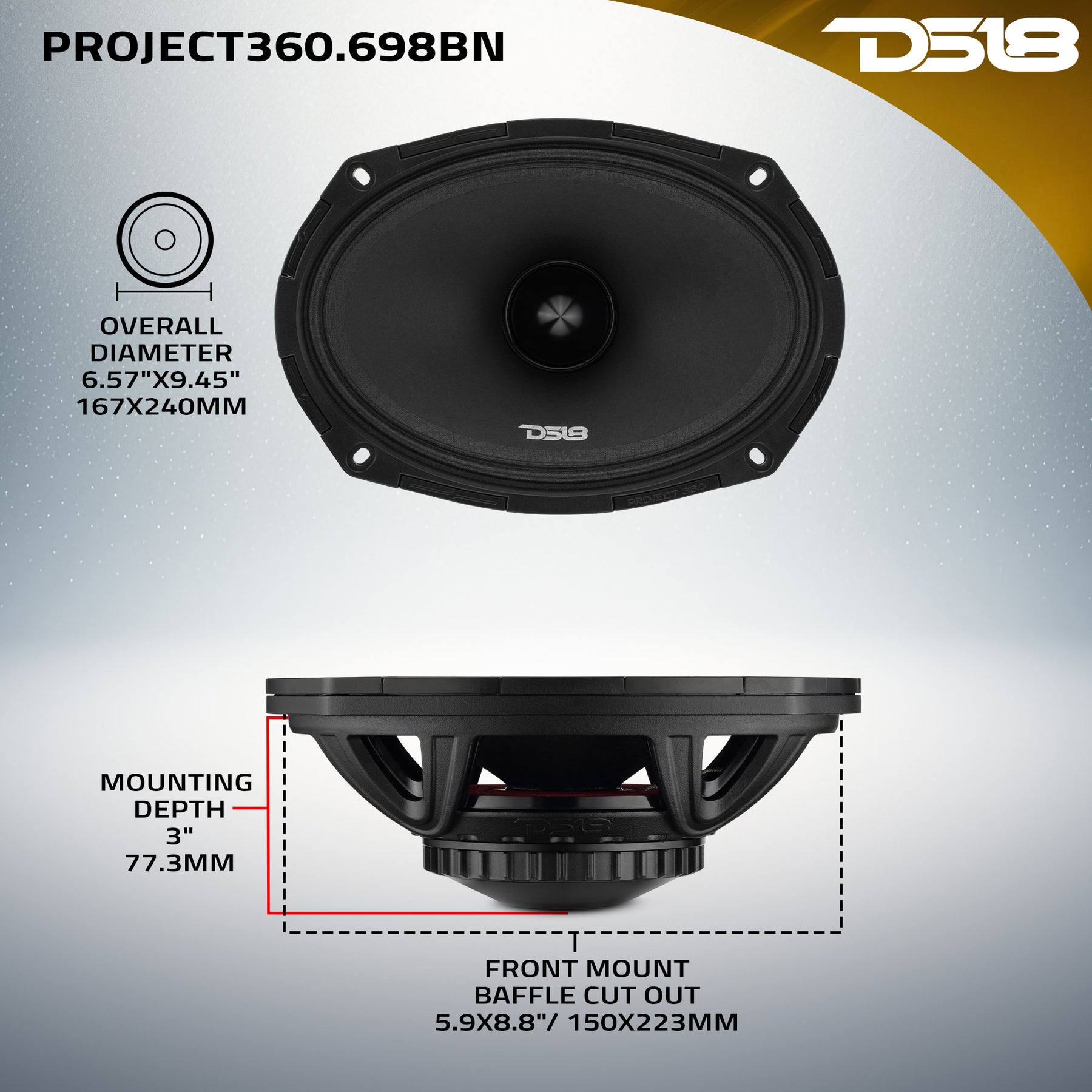 PROJECT360 6x9” High-Sensitivity Mid-High Loudspeaker With Neodymium Magnet and Bullet - 350W RMS 8-Ohm - Rotating Recone Design For Quick Repair