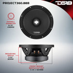 Altavoz de medios/agudos de alta sensibilidad PROJECT360 de 8" - 300W RMS 4-Ohm - Diseño de reconexión giratoria para reparación rápida