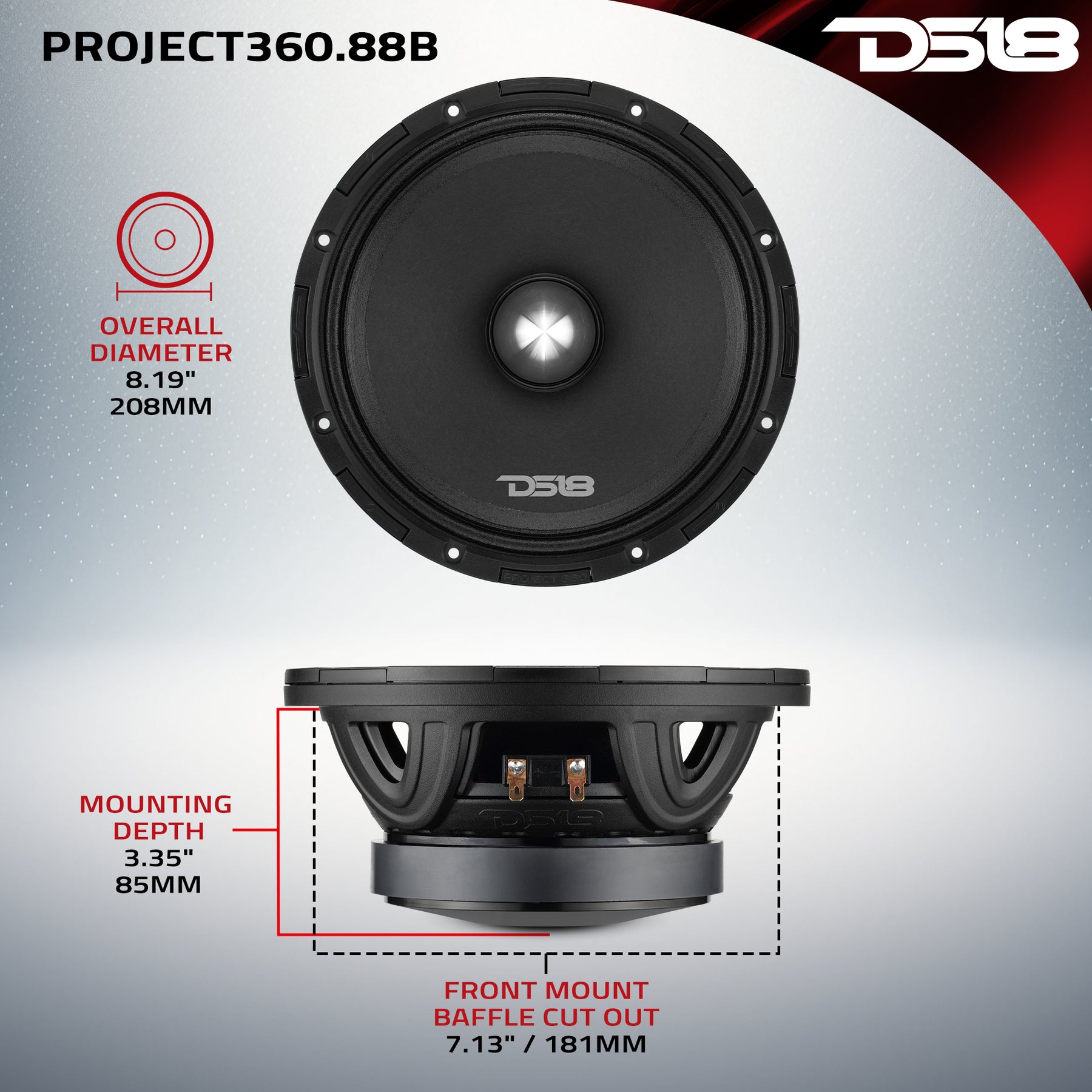 Altavoz de medios/agudos de alta sensibilidad PROJECT360 de 8" - 300W RMS 4-Ohm - Diseño de reconexión giratoria para reparación rápida