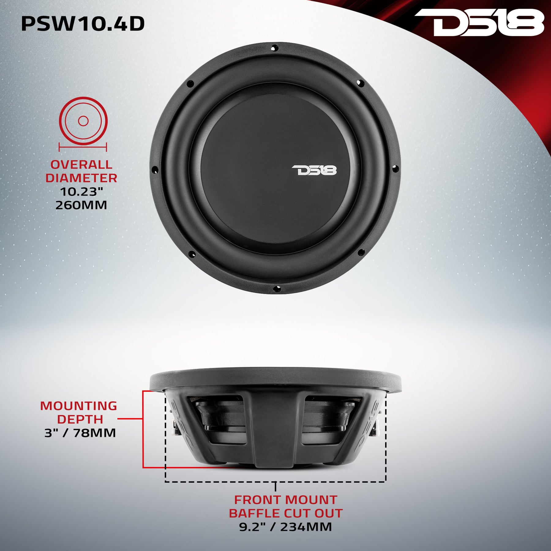 PS Shallow-Mount Water Resistant 10" Subwoofer 500 Watts Rms DVC 4-Ohm