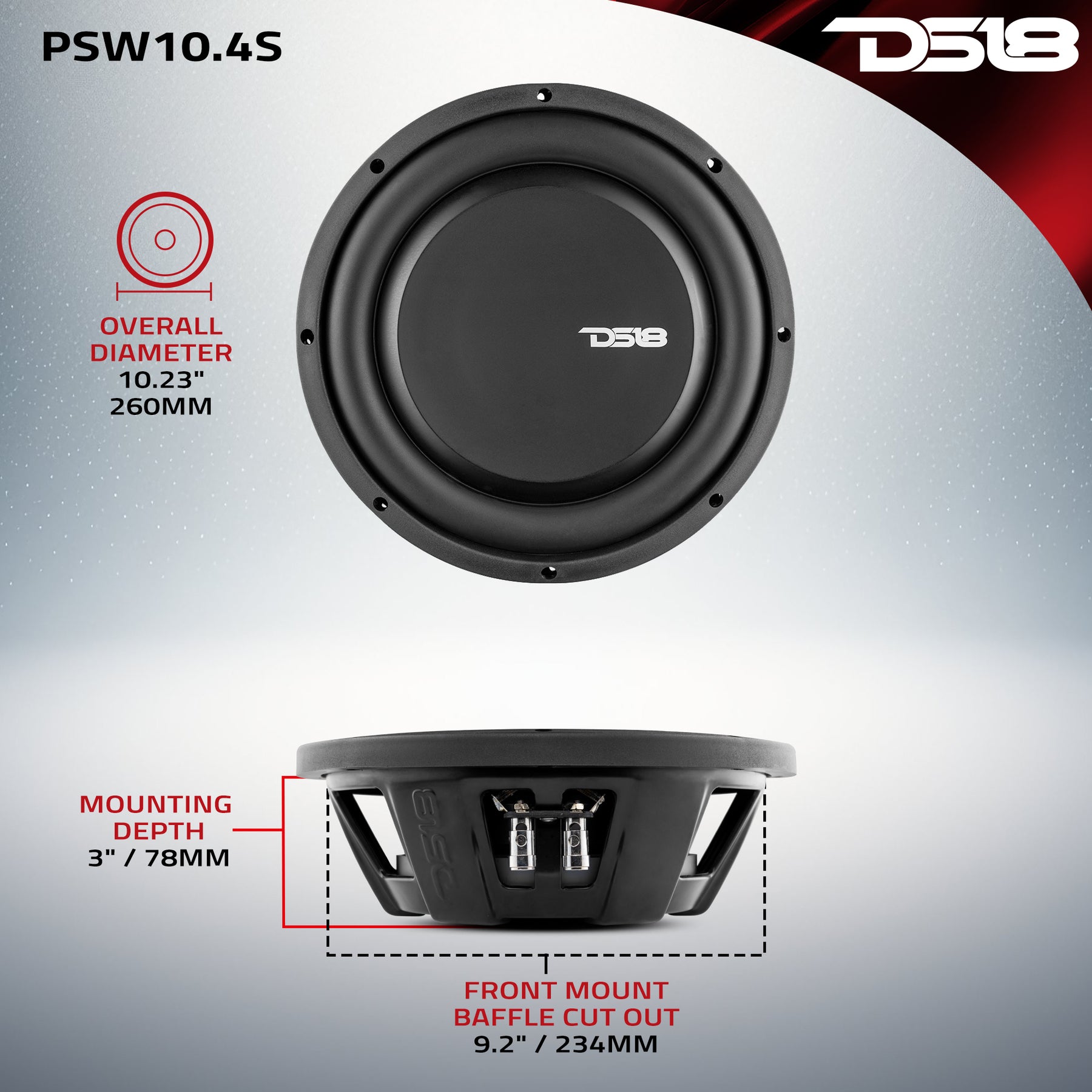 PS Shallow-Mount Water Resistant 10" Subwoofer 500 Watts Rms SVC 4-Ohm