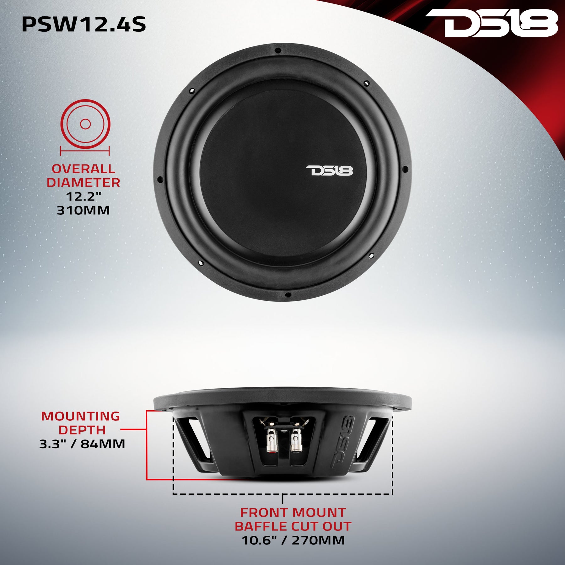 PS Shallow-Mount Water Resistant 12" Subwoofer 600 Watts Rms SVC 4-Ohm