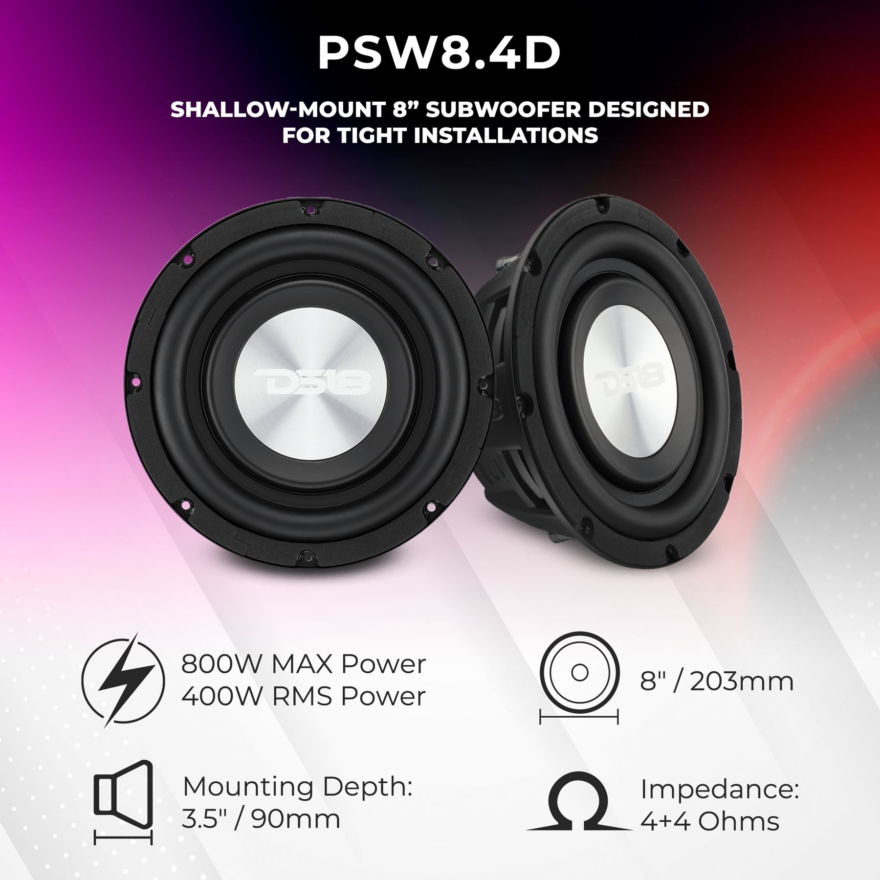PS Shallow-Mount Water-Resistant 8" Subwoofer | 400W RMS DVC 4-Ohm