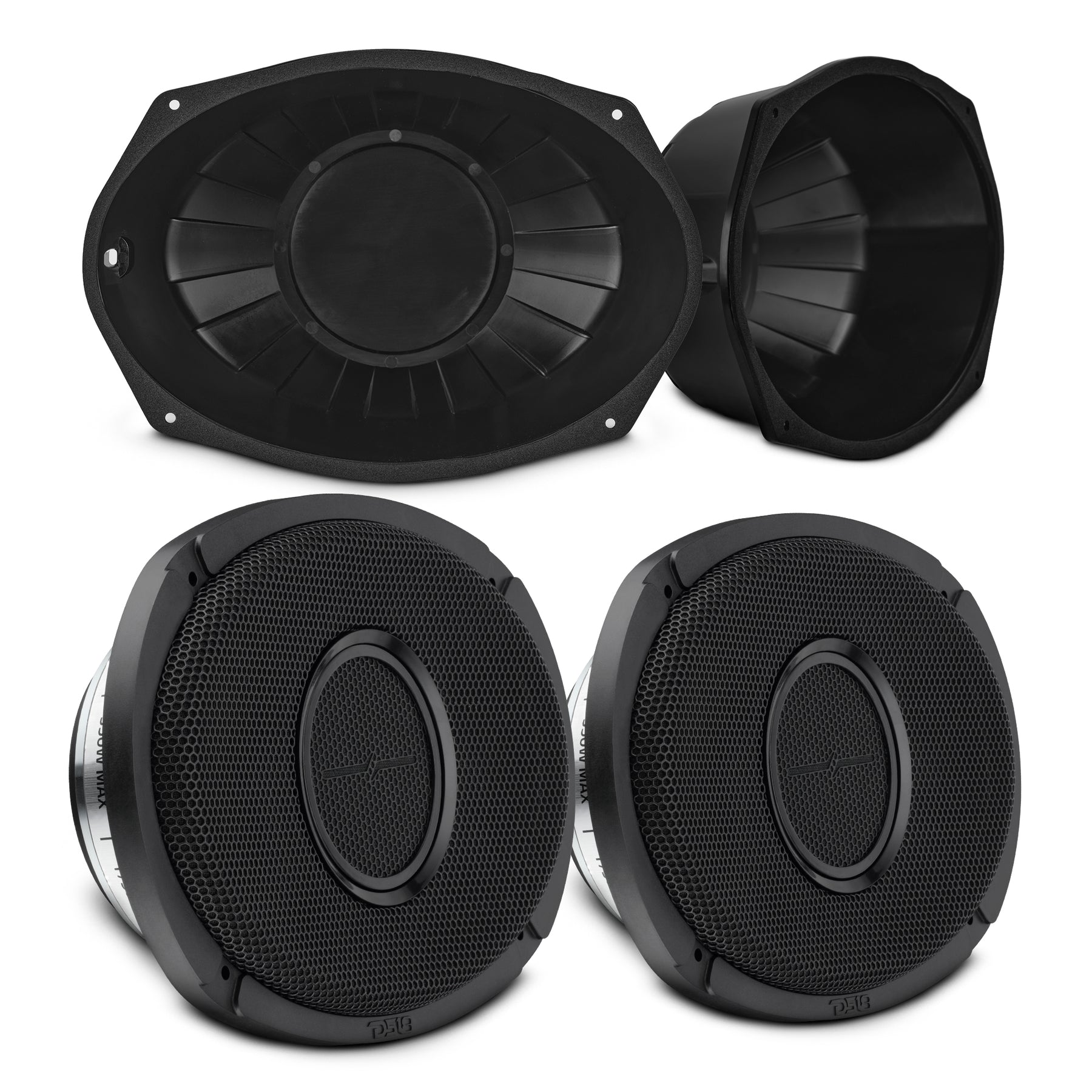 6x9” Hybrid Motorcycle Speaker Bundle – Slim 2-Way Loudspeakers + Sealed ABS Baffles (Pair) | IP65 Water-Resistant, High Output