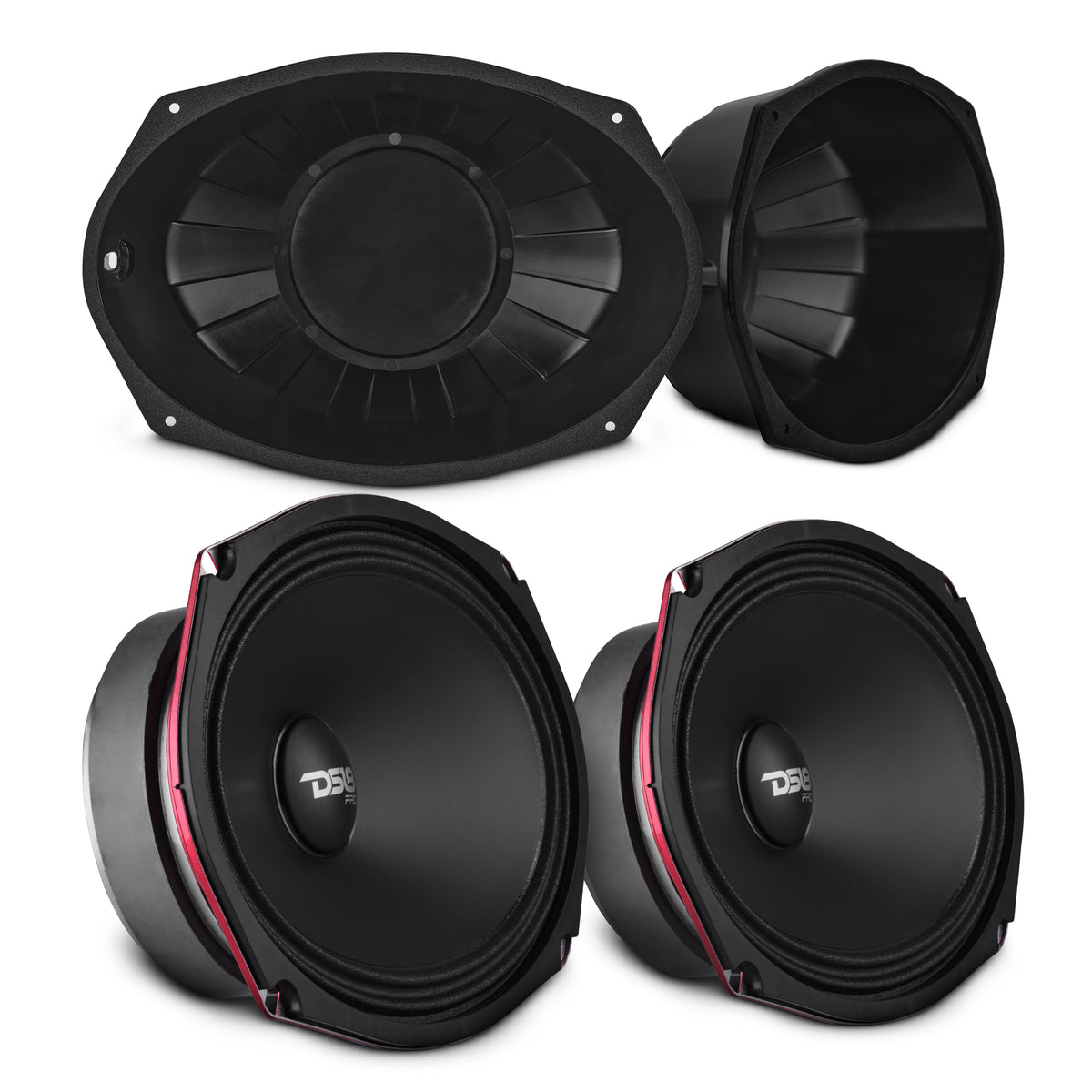 6x9” Motorcycle Audio Bundle – Shallow Water-Resistant Midrange Loudspeakers + Sealed ABS Baffles (Pair) | High Output, Easy Install