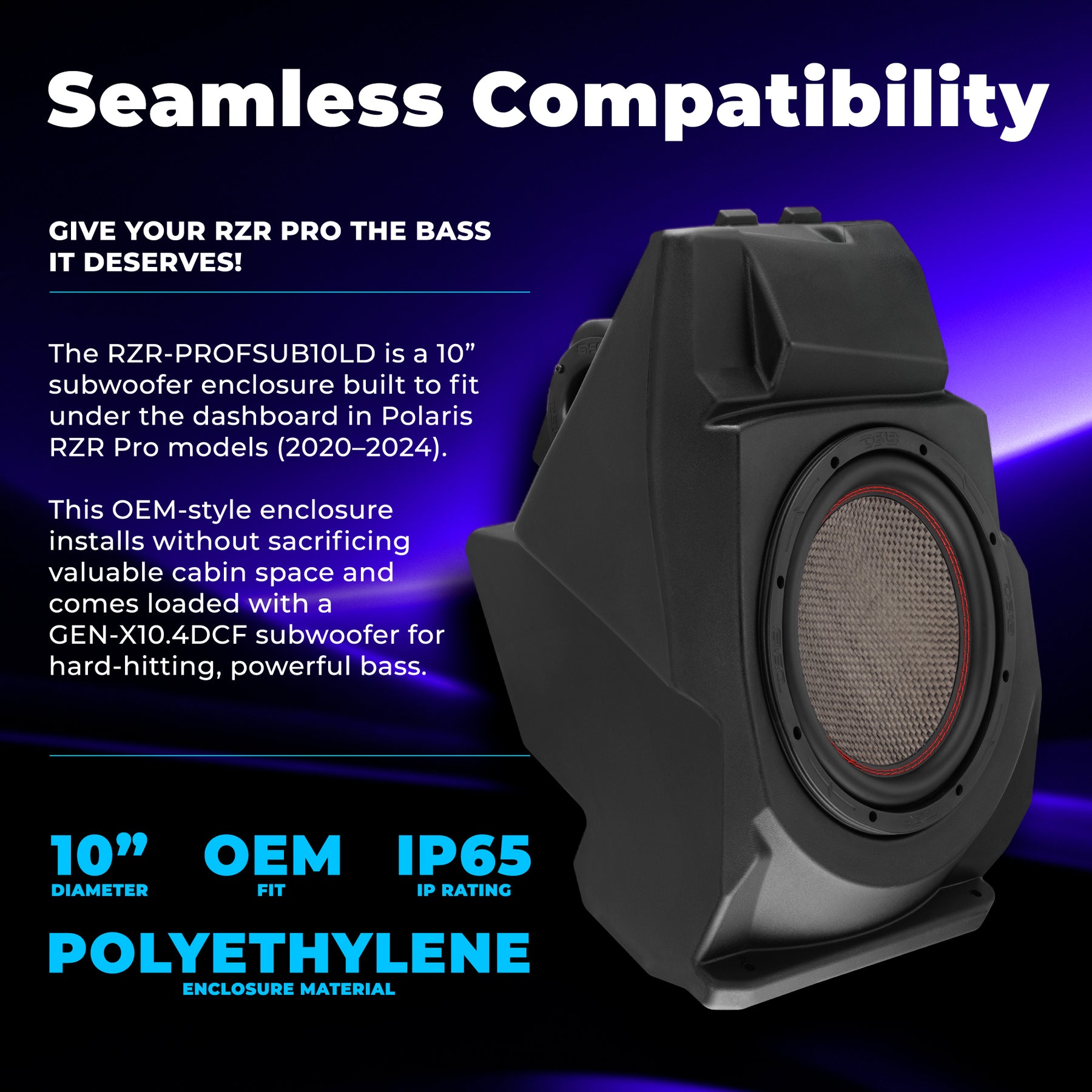 Caja de subwoofer de 10” bajo salpicadero para Polaris RZR Pro (2020–2024) – GEN-X10.4DCF cargado | 600 W RMS, doble 4 ohmios | Resistente al agua IP65