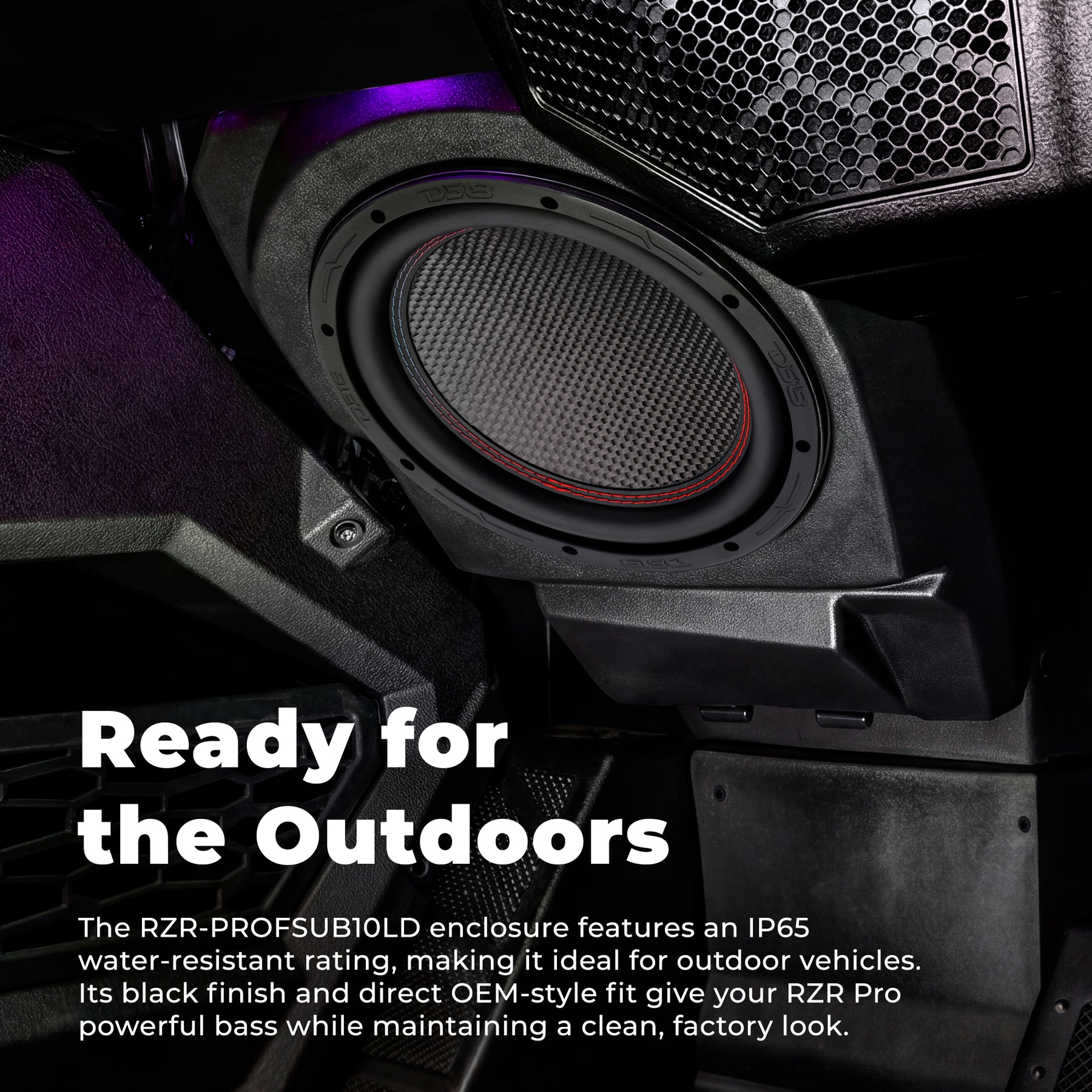 Caja de subwoofer de 10” bajo salpicadero para Polaris RZR Pro (2020–2024) – GEN-X10.4DCF cargado | 600 W RMS, doble 4 ohmios | Resistente al agua IP65