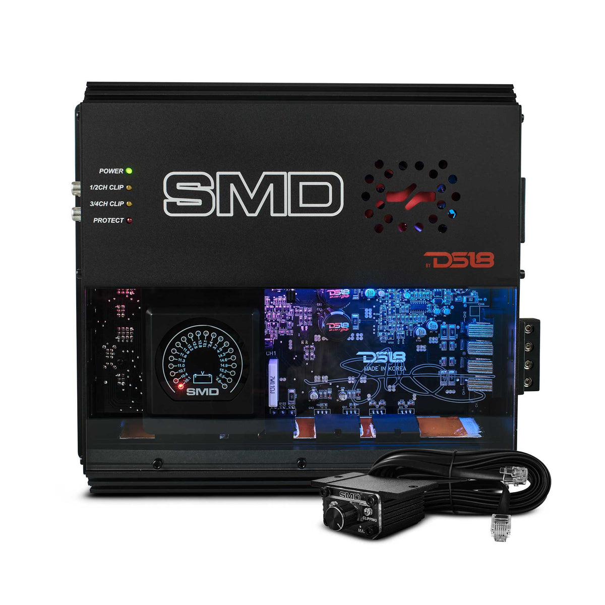 SMD 4-Channel Class AB Amplifier with VM-1 Voltmeter and Digital LED Lights 4 x 200W at 2-ohm - Steve Meade Designs