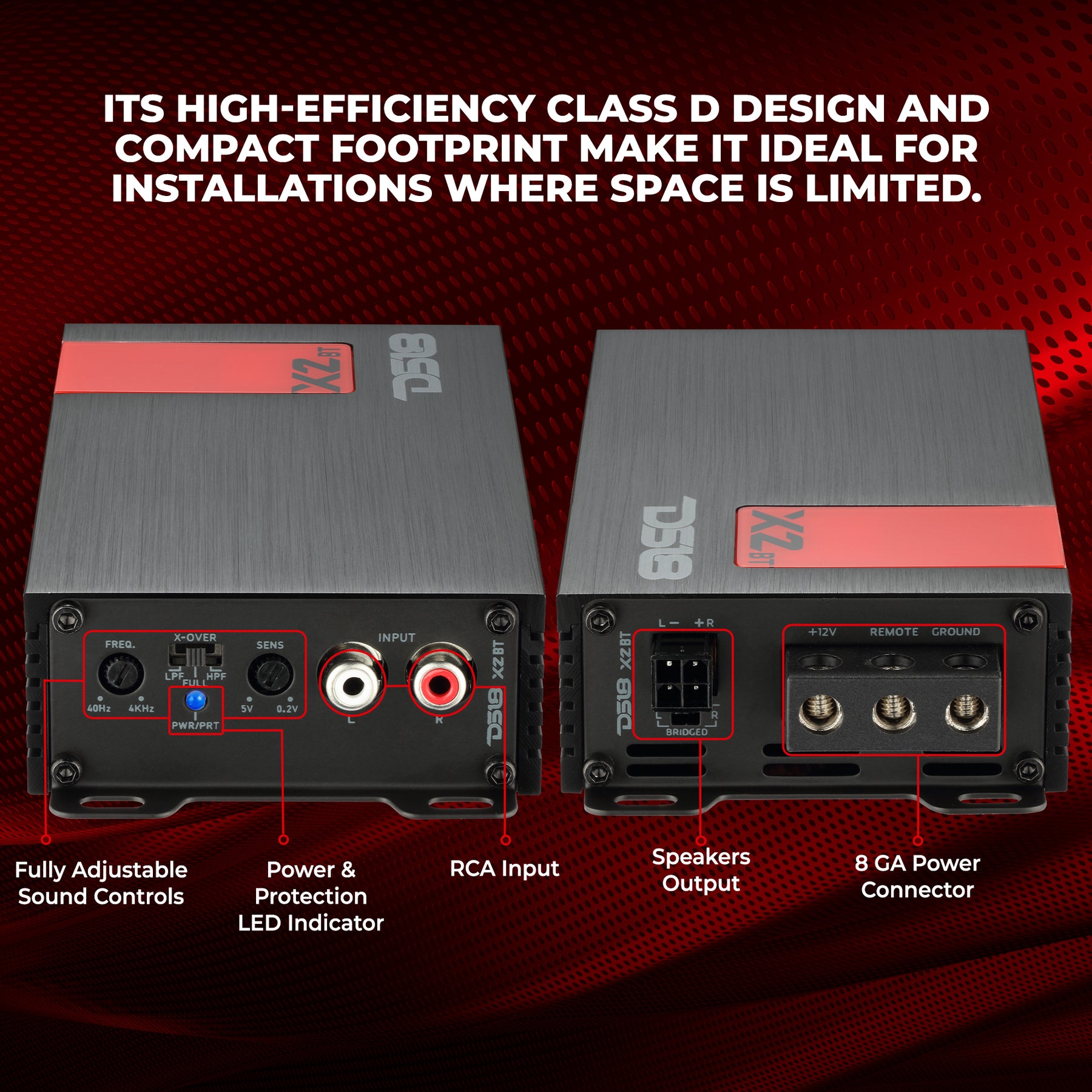 Amplificador ultra compacto de rango completo de 2 canales con conectividad Bluetooth - 2 x 140 vatios RMS