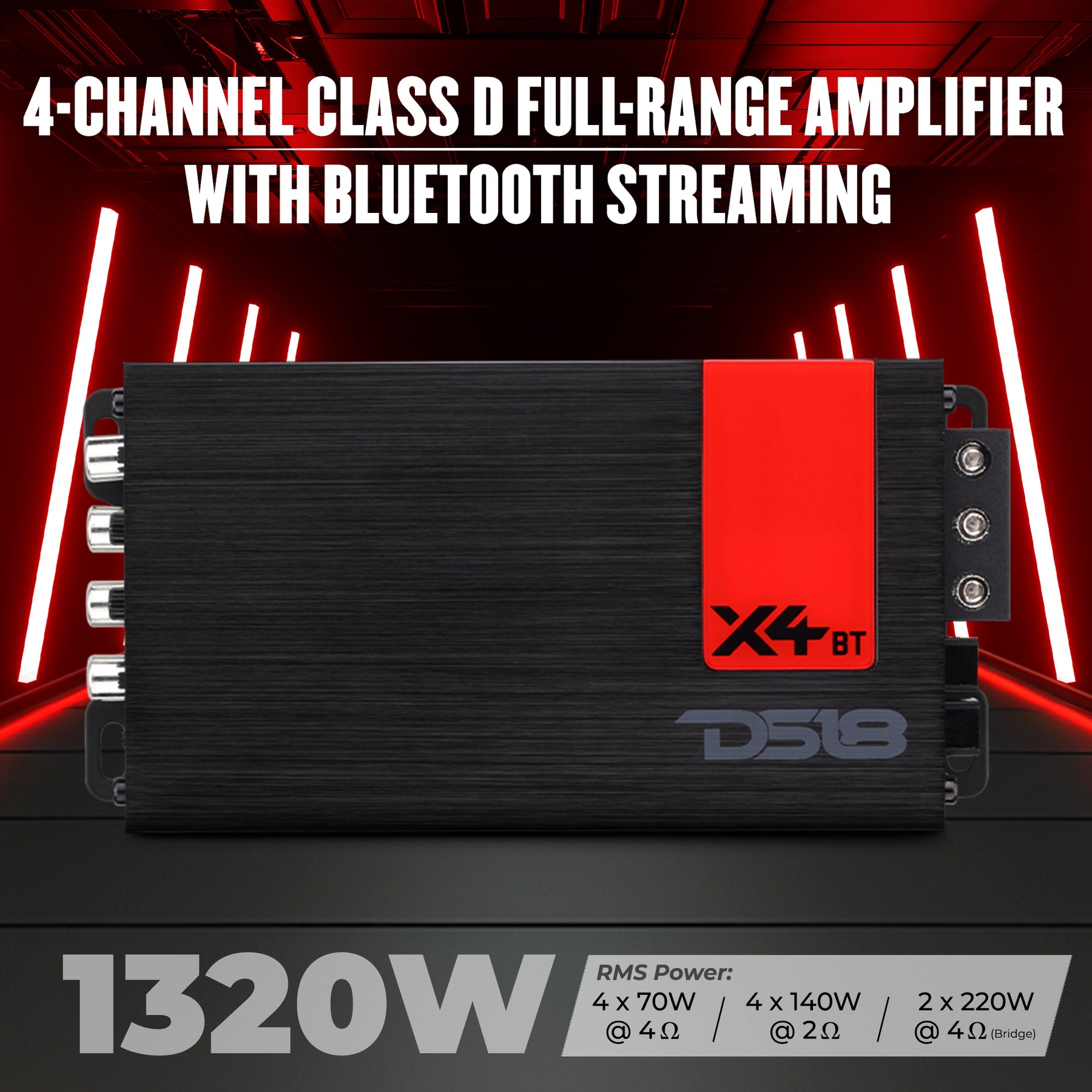 X 4-Channel Ultra Compact Full-Range Amplifier with Bluetooth Connectivity - 4 x 70 Watts Rms