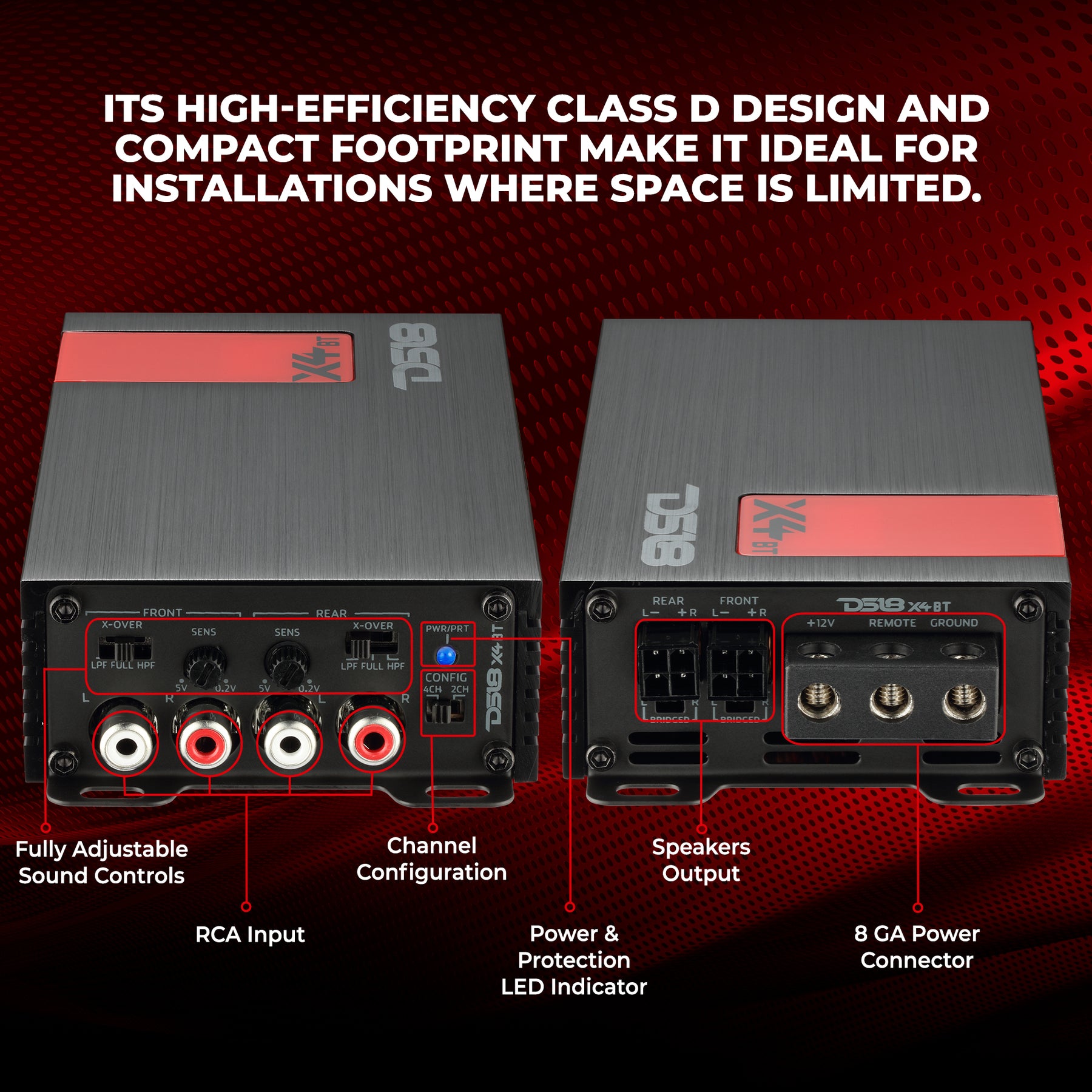 X 4-Channel Ultra Compact Full-Range Amplifier with Bluetooth Connectivity - 4 x 70 Watts Rms