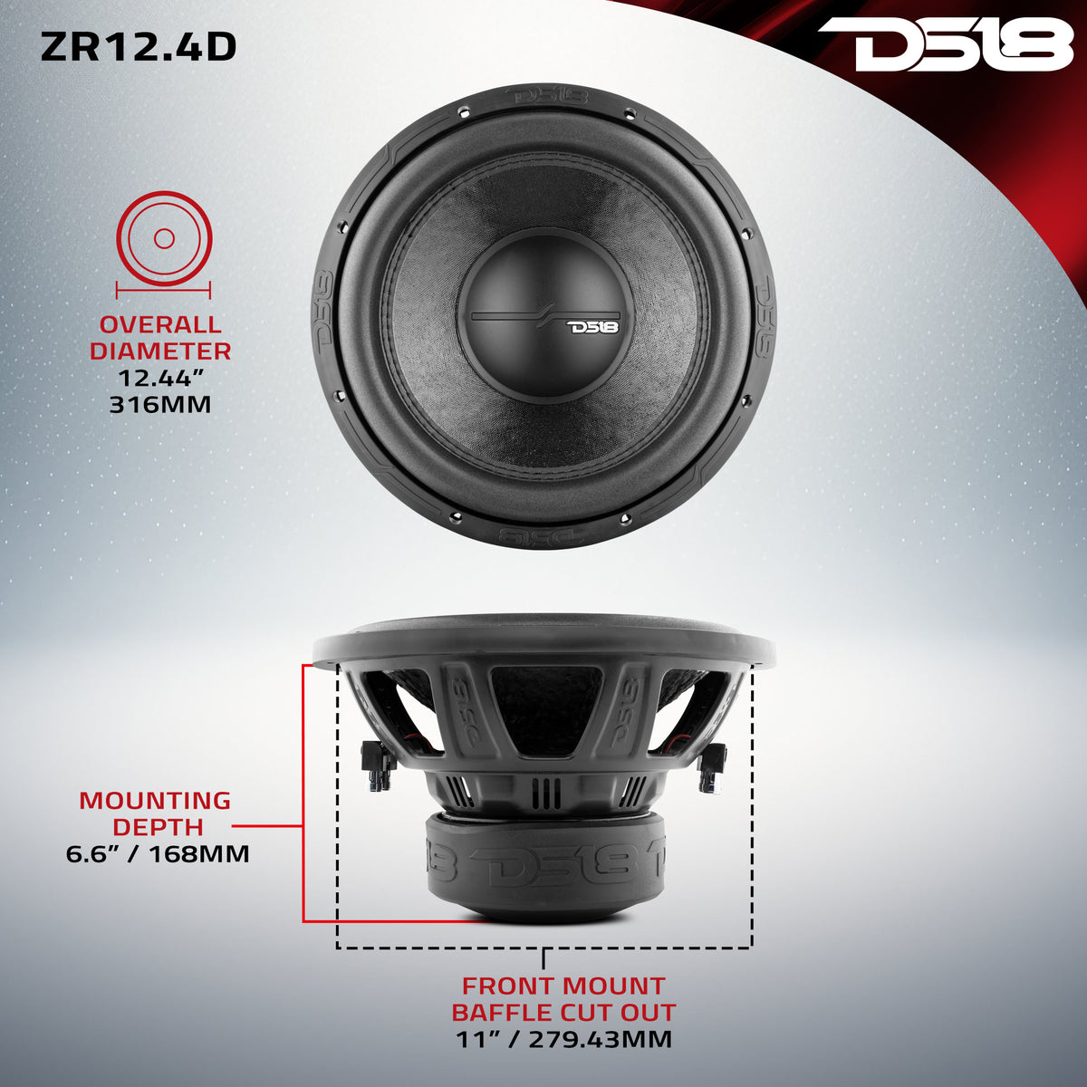 DS18 ZR12.4D 12-Inch 1500W Max Car Subwoofer, Dual 4-Ohm Voice Coil, Refurbished – Like New