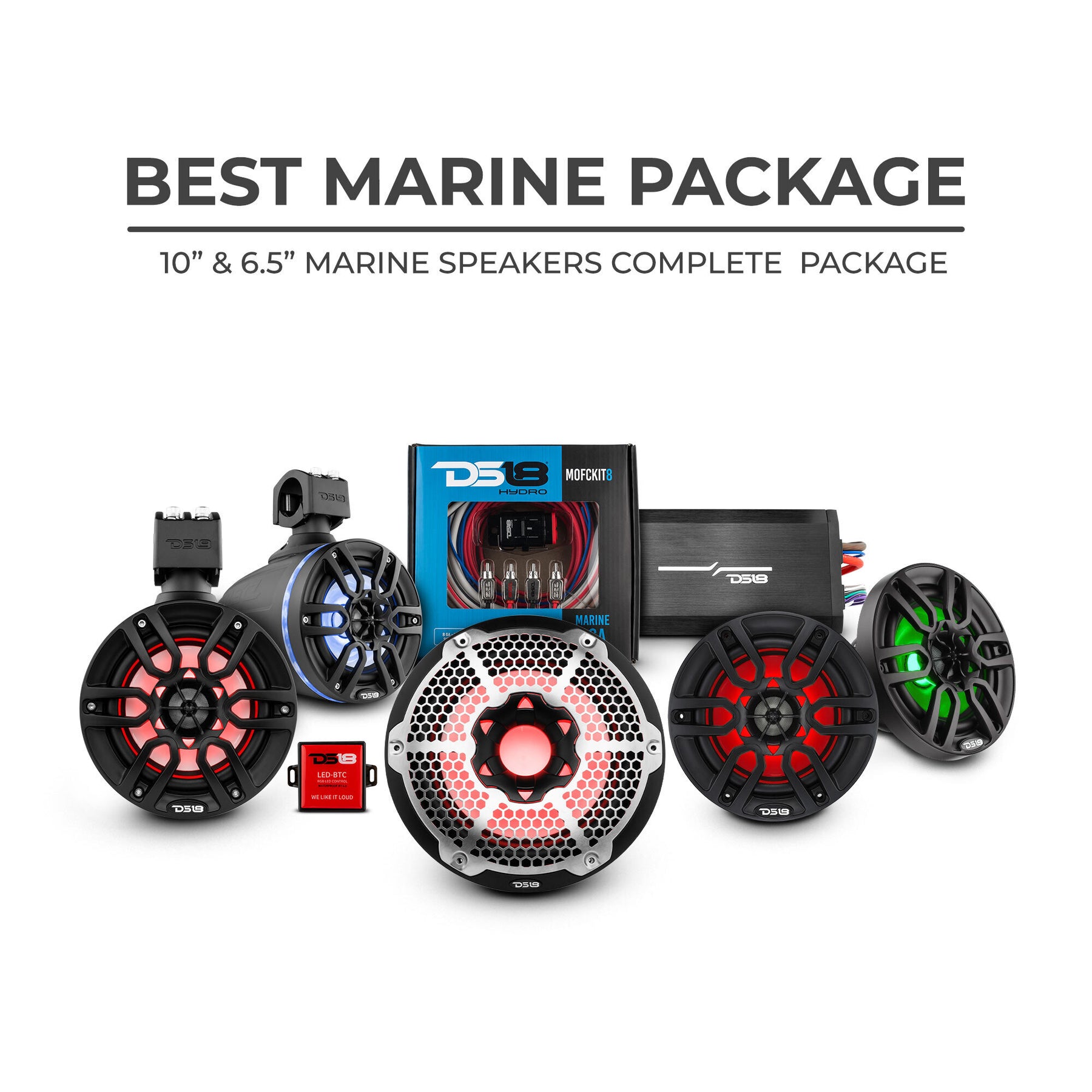 DS18 Best Marine Stereo Subwoofer Package  1 x 10” Subwoofer | 2 x 6.5” Speaker Tower | 2 x 6.5” Marine Speaker | 1 x 5 Ch Amplifier | 1 x MOFCKIT4 and 1 x LED-BTC