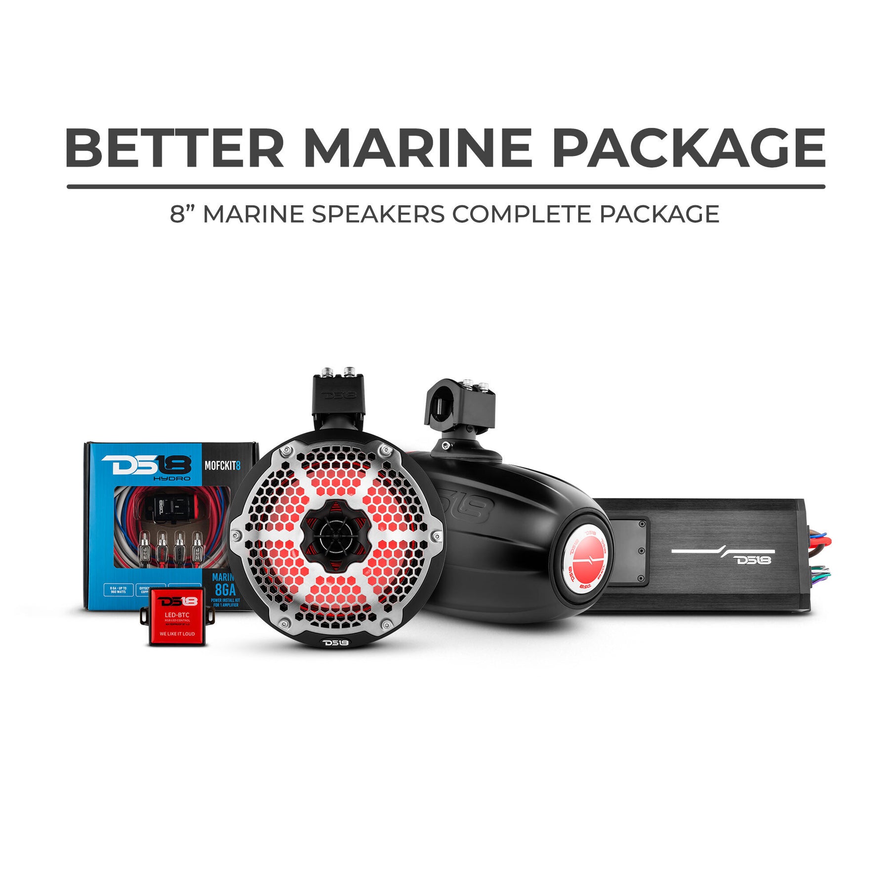 DS18 Better Marine Stereo Package 2 x 8” Speaker Tower | 1 x 2 Ch Amplifier | 1 x MOFCKIT8 and 1 x LED-BTC