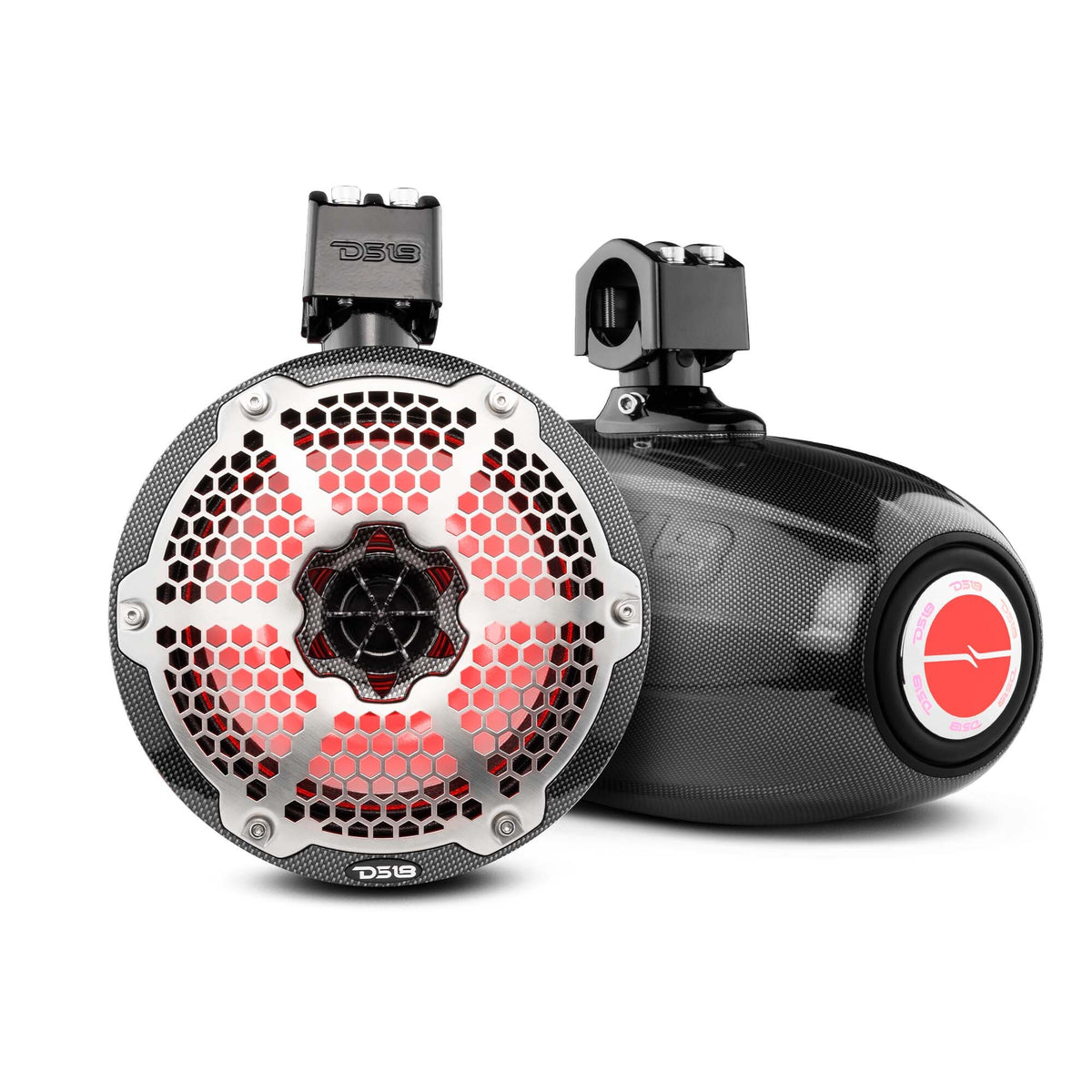 DS18 8" Neodymium Marine Towers with Built-In Passive Radiator, 1" Driver and RGB LED Light 540 Watts Carbon Fiber (Pair) boat tower speakers bar