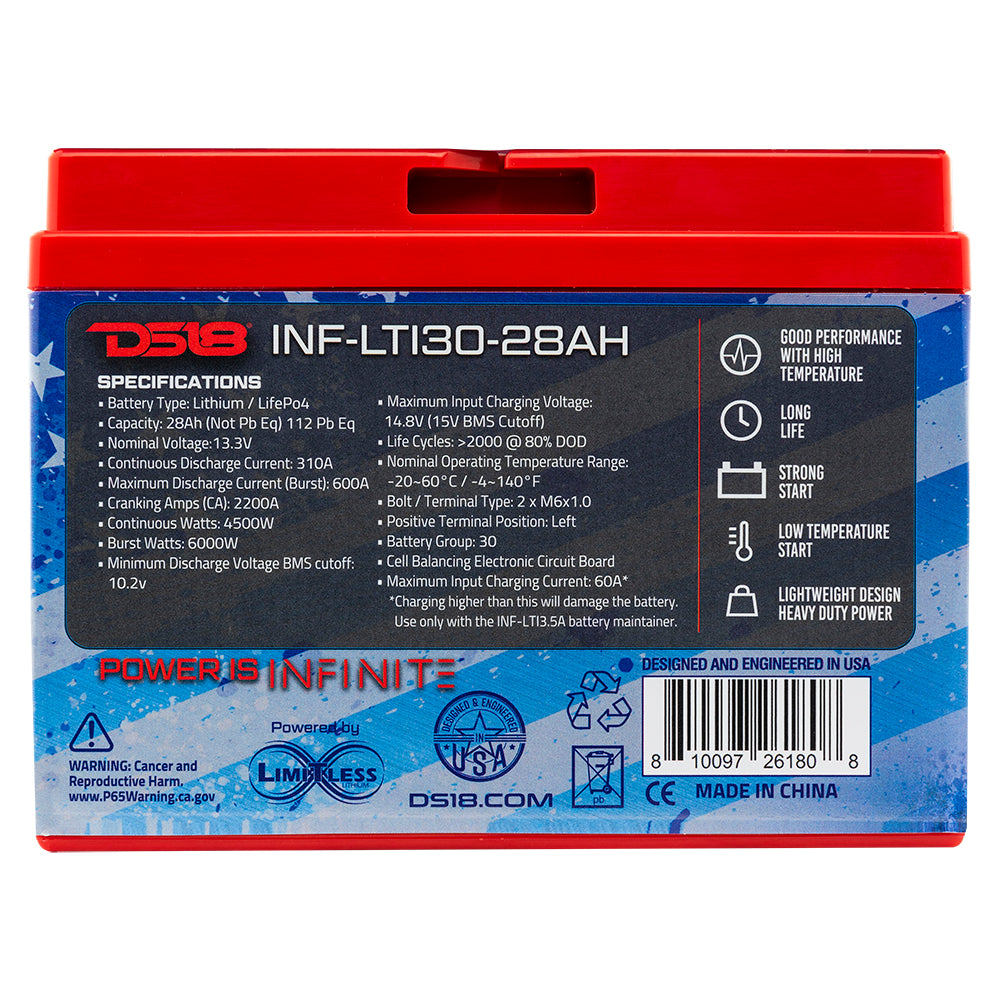 INF-LTI30-28AH INFINITE 28 AH Lithium Battery YTX30 Large Case With BMS - Perfect for Motorcycles